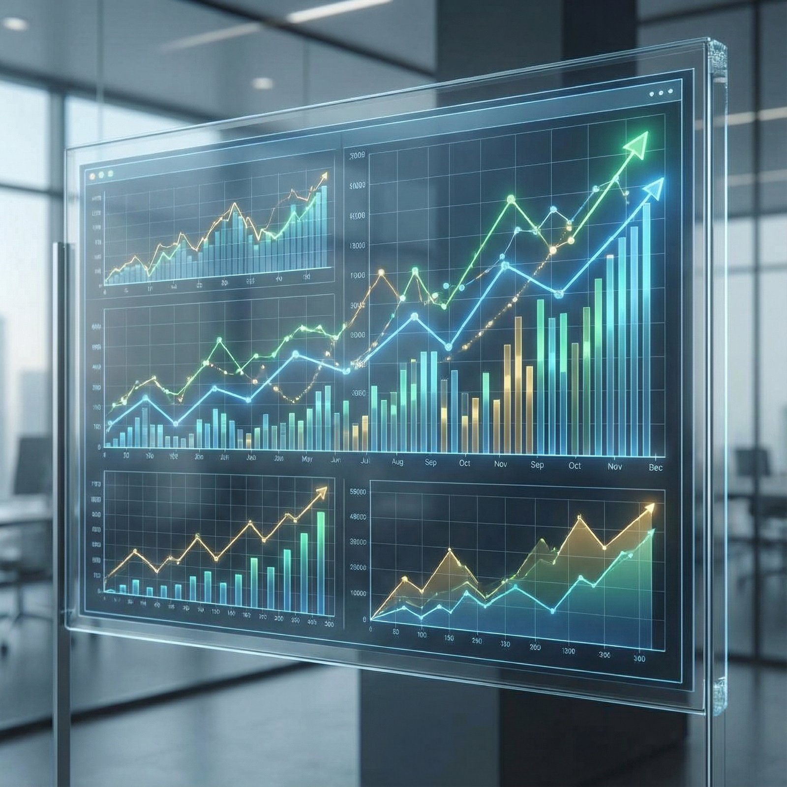 A detailed display of financial graphs and charts on a digital screen, showing upward trends and various data points. Clean, modern, informational style, no visible text, aspect ratio 1:1.