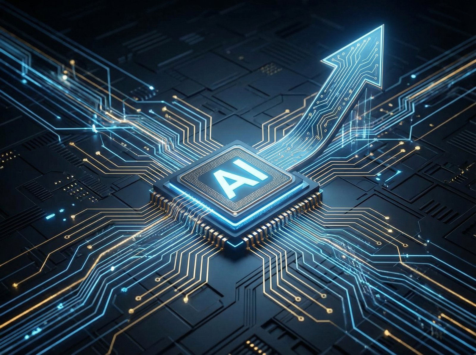 A clean infographic showing a rising stock market chart, with an AI chip integrated into the growth curve. Modern layout, high contrast. No visible text. Aspect ratio 4:3.