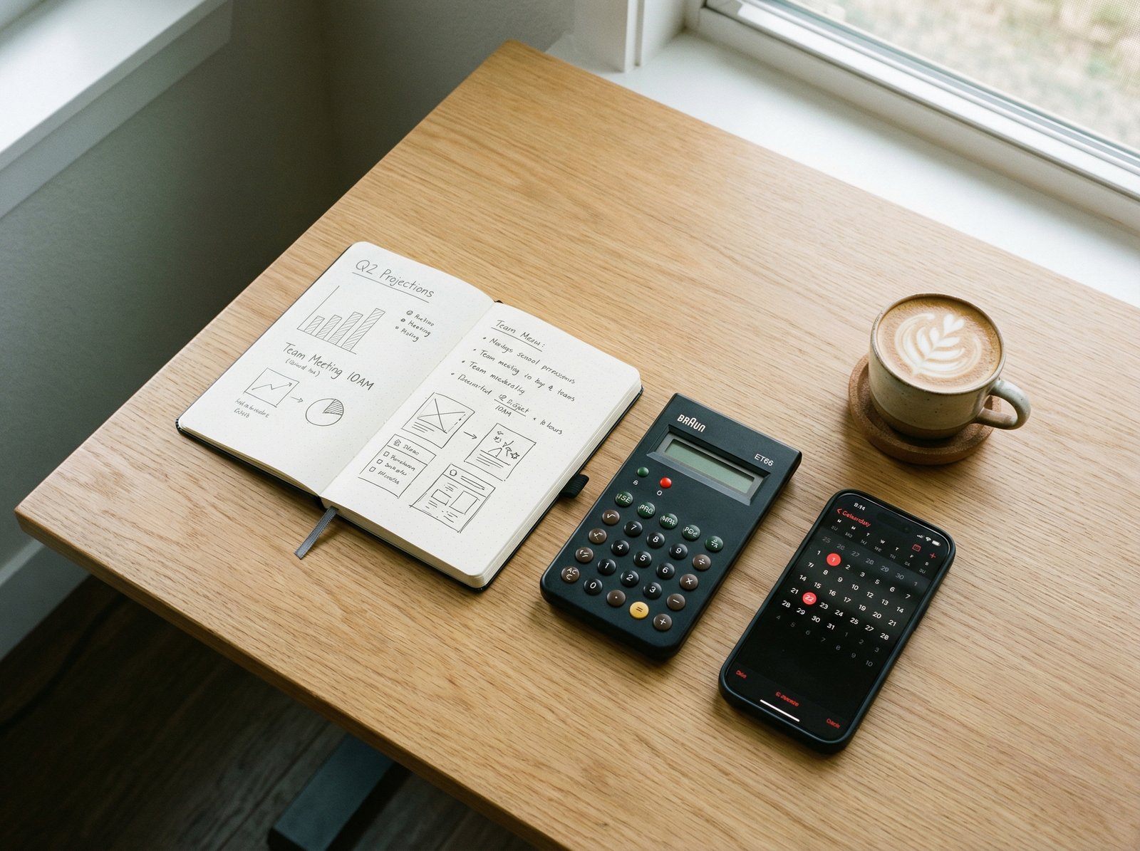 A high angle view of a tidy desk with a smartphone, a calculator, a notebook with some handwritten notes, and a cup of coffee. Professional and organized atmosphere. 4:3 aspect ratio, no text.