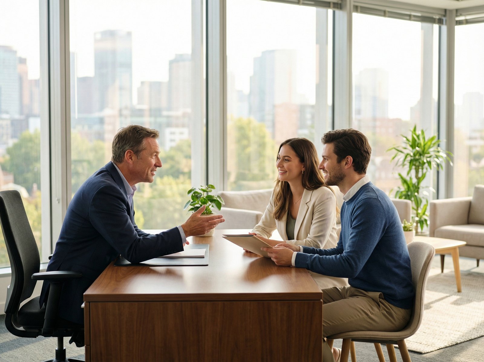 A professional financial advisor in a suit talking kindly to a young couple in a modern office. The atmosphere is trustworthy and supportive. Large windows with natural light in the background. High quality professional photography 4:3 ratio no visible text.