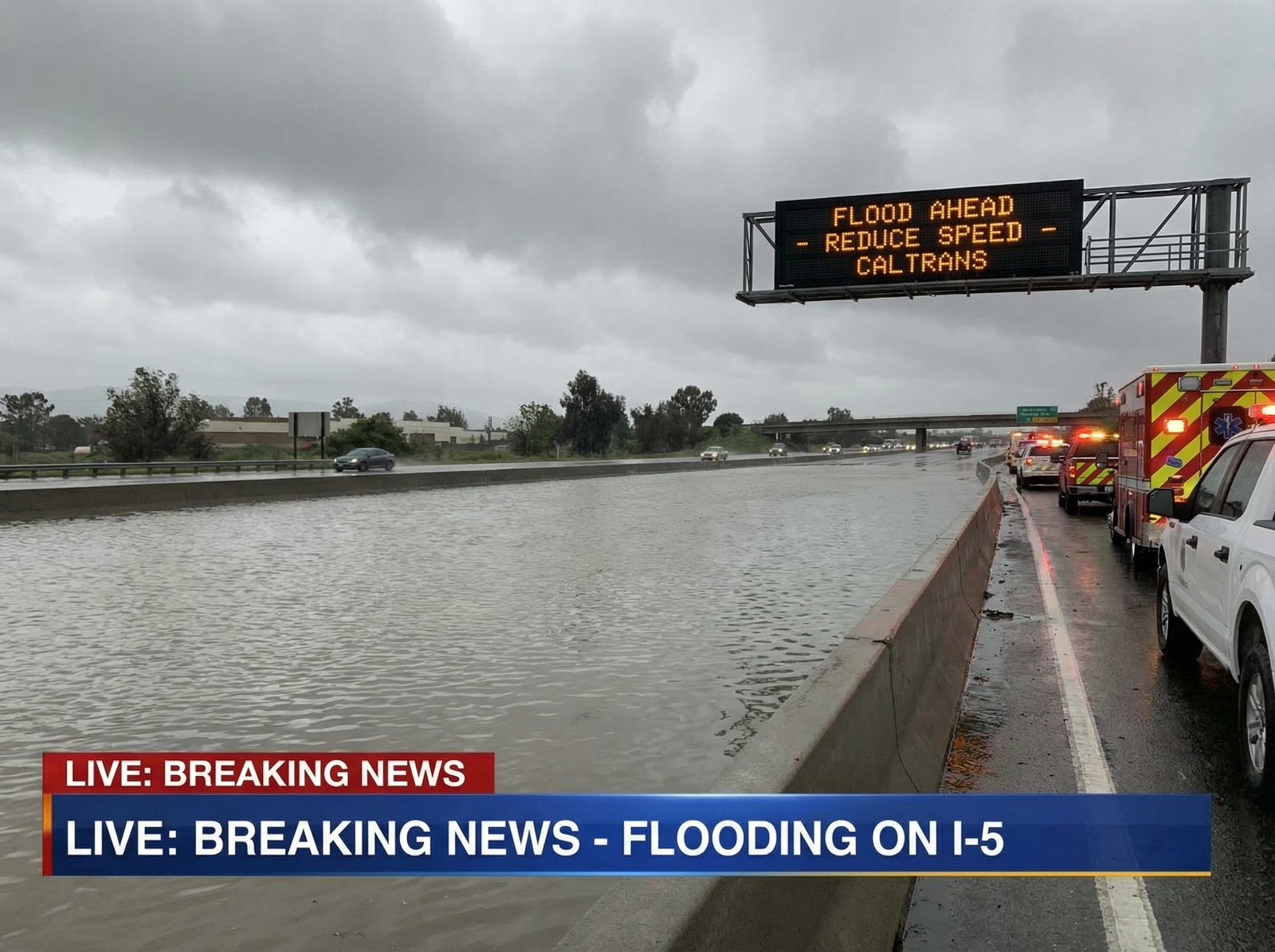 An Interstate highway in California partially submerged in water with electronic warning signs dark clouds above realistic news style rich background aspect ratio 4 3