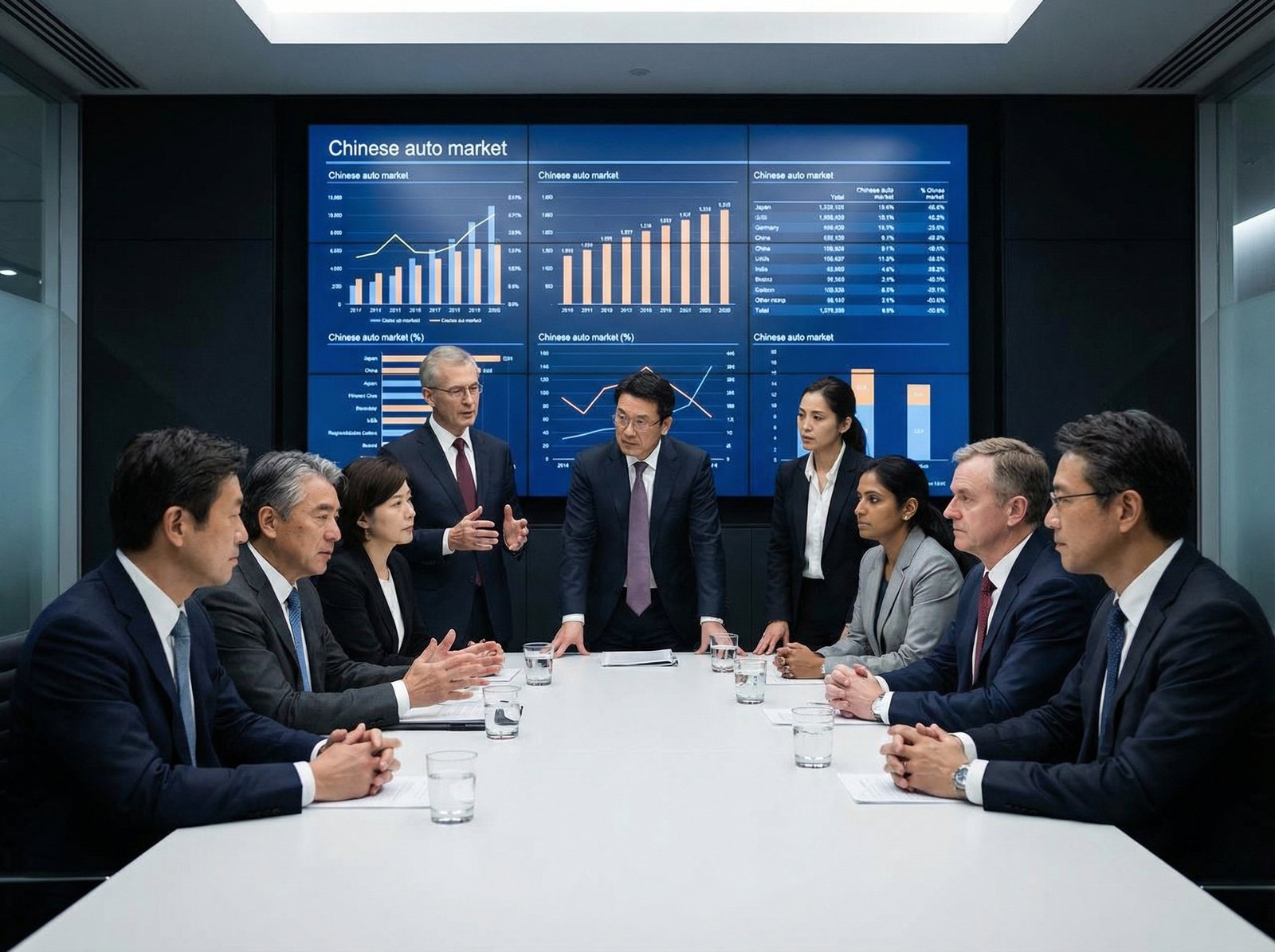 A meeting room with a diverse group of auto industry executives from different countries collaborating on strategies, with a large screen displaying charts related to the Chinese market. Professional, serious atmosphere, no visible text, 4:3 aspect ratio.