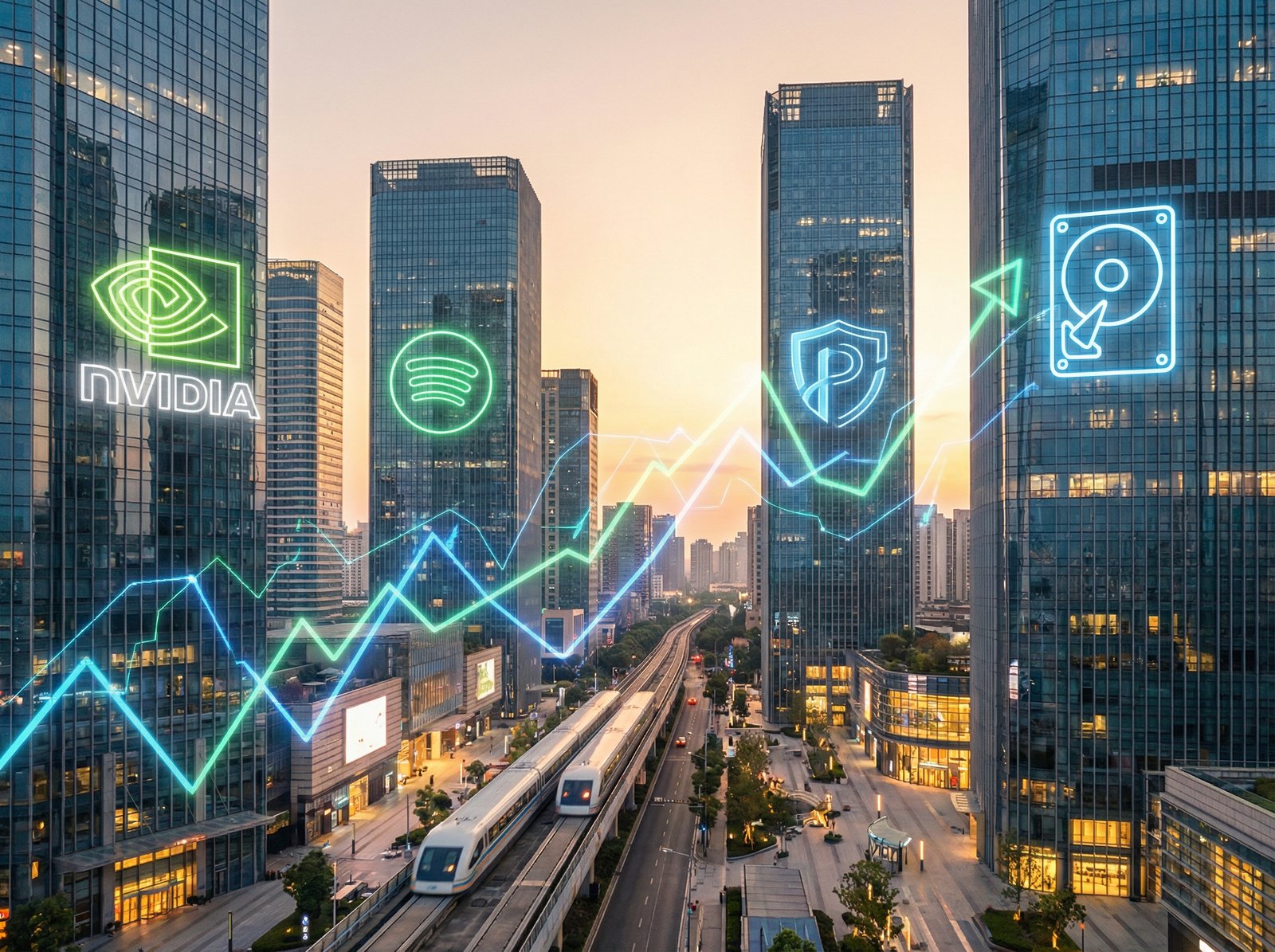 A futuristic cityscape with stock market charts overlaid, highlighting four prominent company logos (Nvidia, Spotify, Palo Alto Networks, Western Digital) glowing brightly. The mood is optimistic and forward-looking. Aspect ratio 4:3, no visible text.
