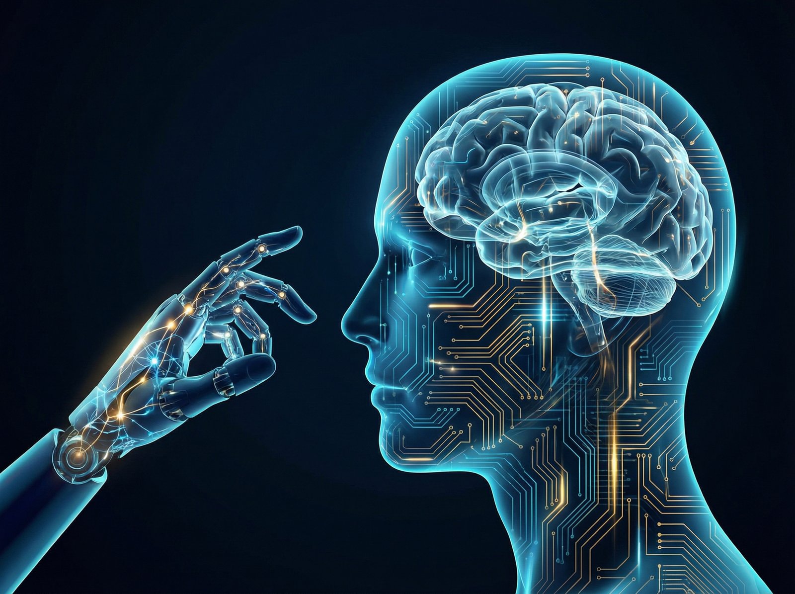 A conceptual illustration representing the fusion of AI robotics and neurotech, glowing circuits integrated with a digital brain, futuristic and clean aesthetic, high contrast blue and gold lighting, 4:3 aspect ratio, no text