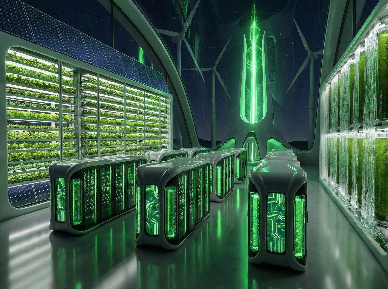 Futuristic data center with green energy elements, glowing circuits, sleek design, high contrast, no visible text, 4:3 aspect ratio.