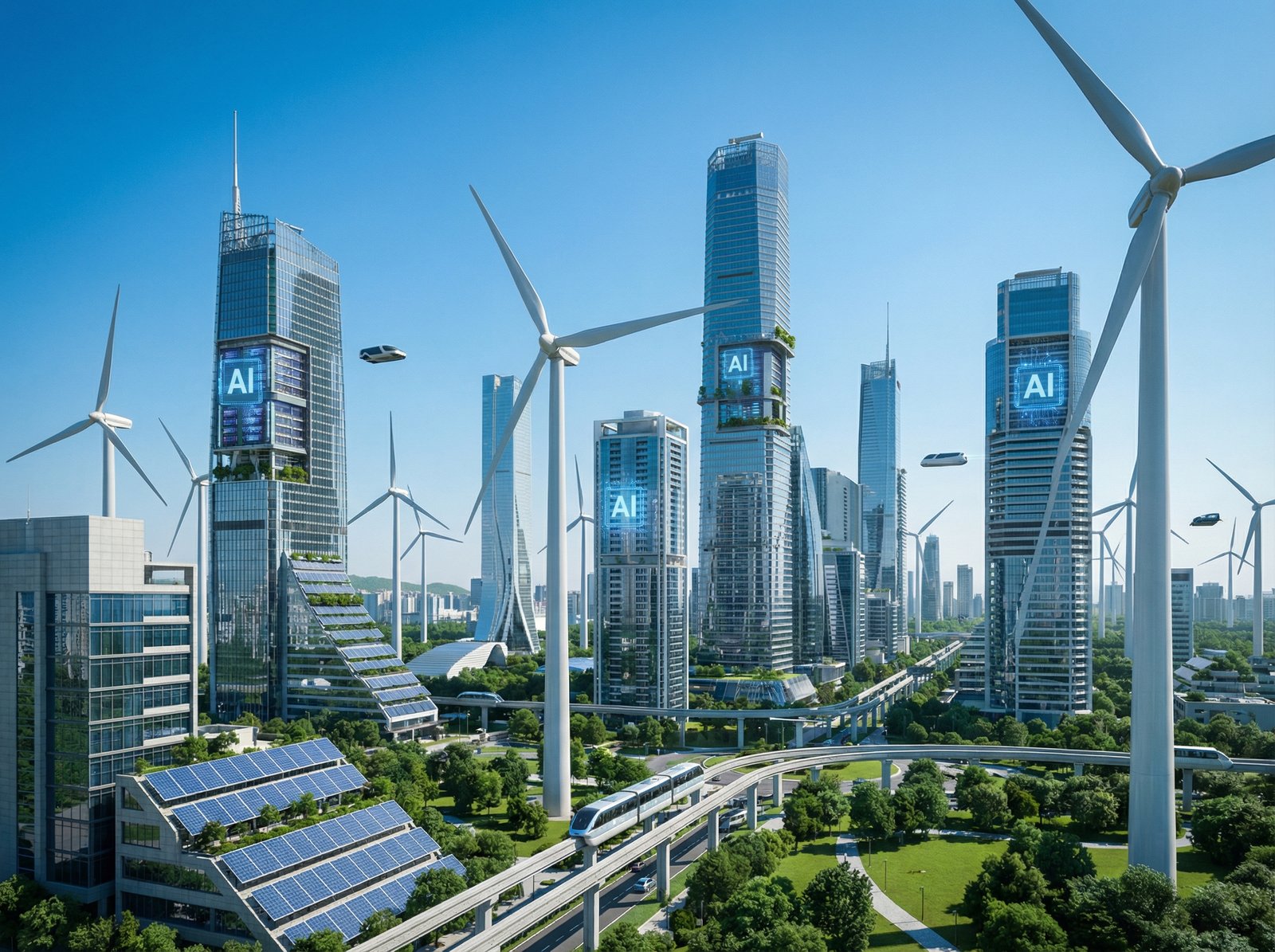 A futuristic cityscape blending high-tech AI data centers with green renewable energy sources like wind turbines and solar panels under a clear blue sky, modern and professional atmosphere, 4:3 aspect ratio, no visible text