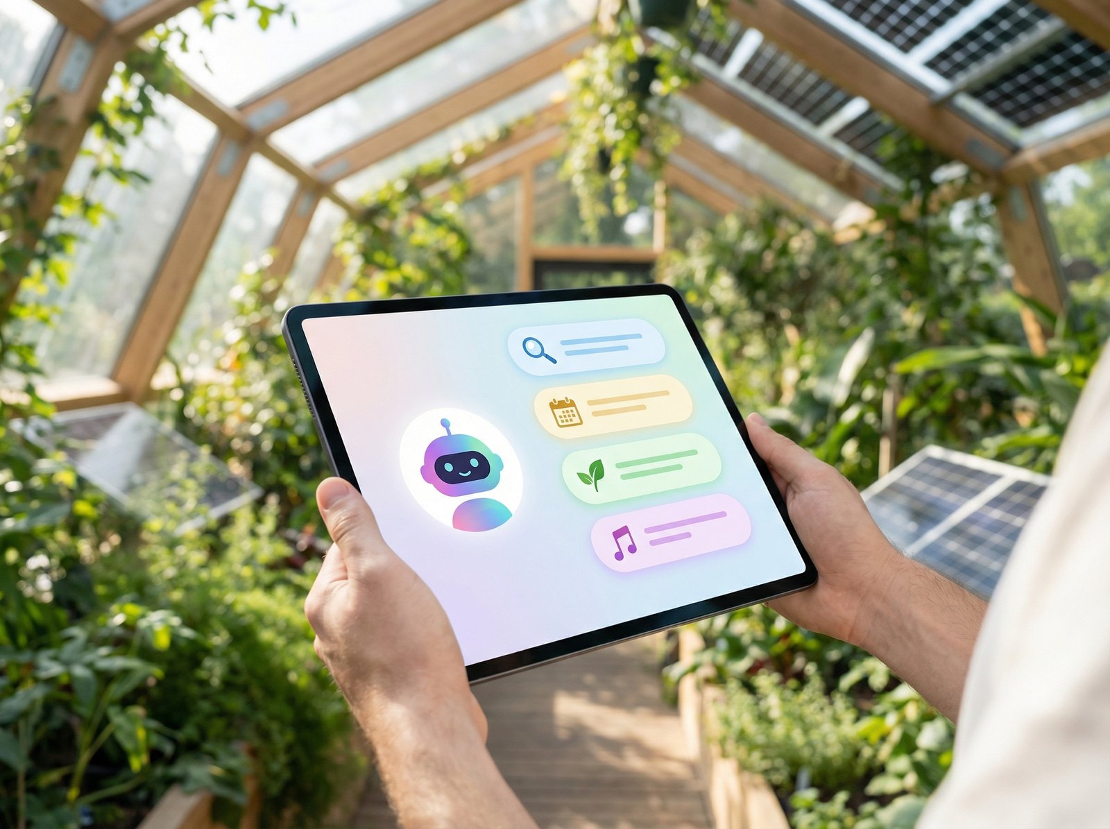 A user friendly interface showcasing an AI agent assisting with various tasks on a tablet, with a bright and clean background representing future technology, natural setting, aspect ratio 4:3, no visible text