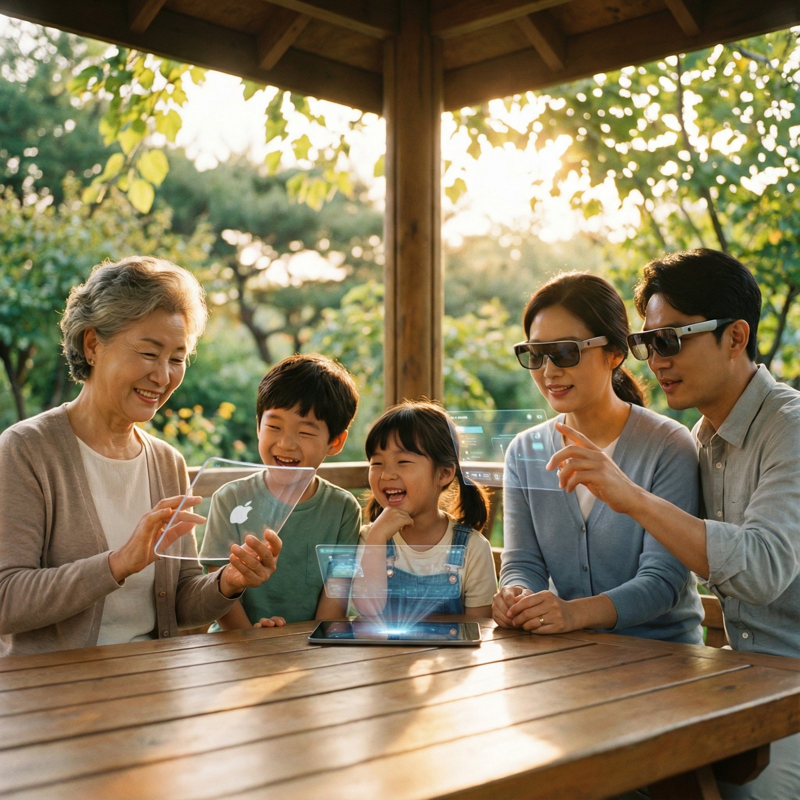 A diverse group of people (Korean appearance) of various ages using futuristic Apple devices seamlessly integrated with AI, showing natural expressions of wonder and engagement, warm lighting, natural setting, 1:1 aspect ratio, no visible text.
