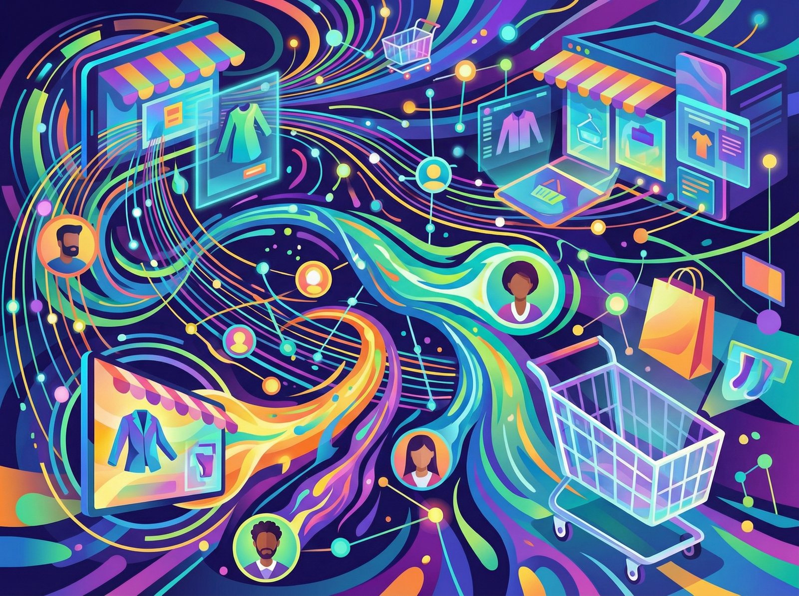 A vibrant, abstract illustration representing the future of commerce with AI. Interconnected digital elements, floating shopping carts, and a streamlined user experience. Colorful and dynamic. Aspect ratio 4:3, no visible text.