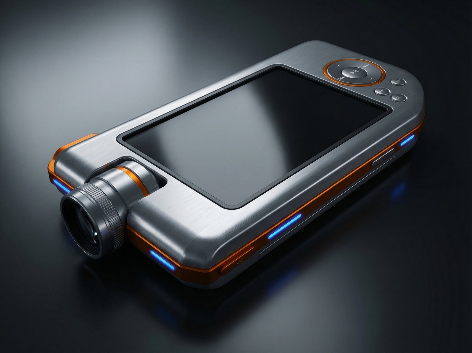 A futuristic smartphone concept designed with 2006 Sony aesthetic, blending Walkman and Cyber-shot elements, sleek metallic body, high quality cinematic lighting, 4:3 aspect ratio, no visible text
