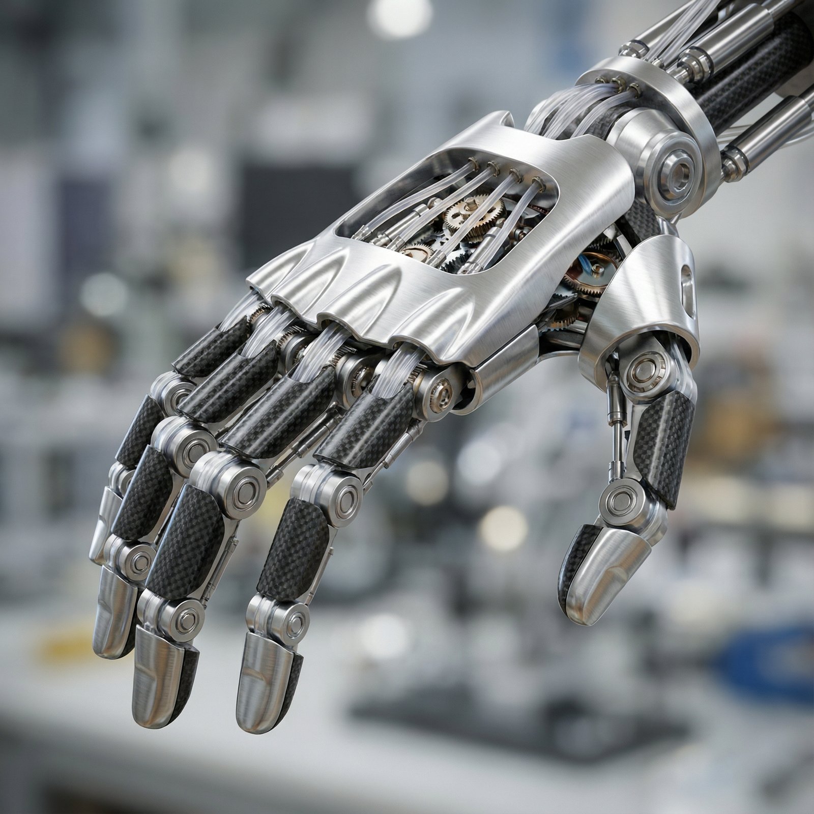 A close-up, highly detailed shot of a futuristic humanoid robot's intricate hand and finger mechanisms, showing the complexity of its design and movement capabilities. The lighting is bright and emphasizes the metallic and synthetic textures. The background is blurred, focusing on the robot's hand. No visible text. Aspect ratio 1:1.