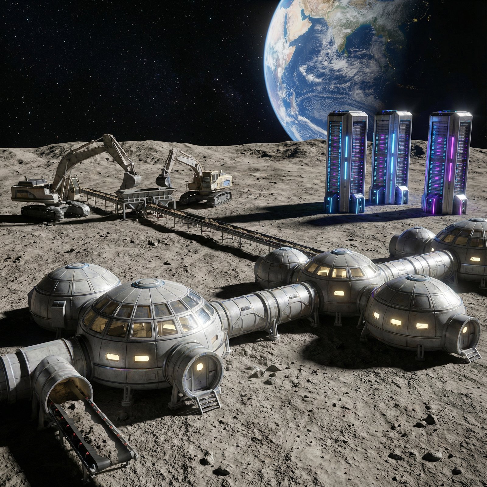 A detailed 3D rendering of a futuristic moon base with modular habitats, mining machinery extracting minerals, and sleek metallic data centers, glowing lights, textured lunar soil, 1:1, no text