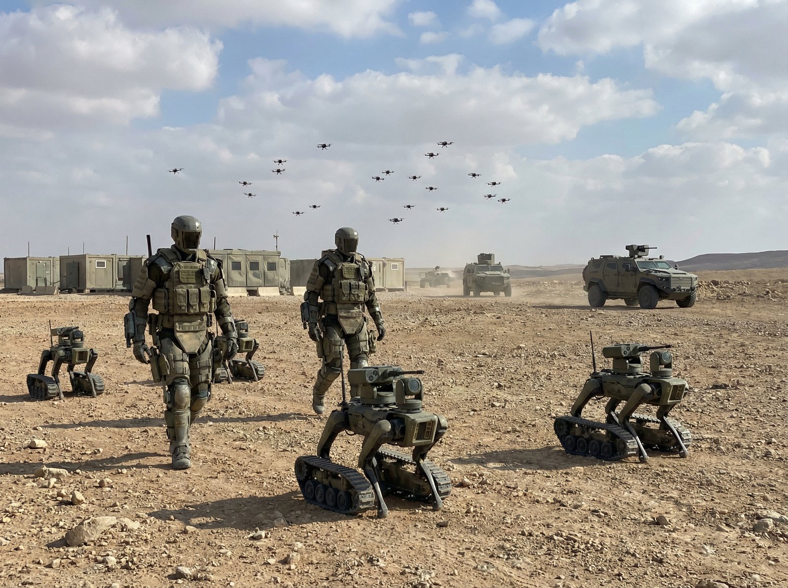 A futuristic military scene depicting advanced humanoid robots, sleek microdrones flying, and weaponized robotic dogs moving across a battlefield landscape, demonstrating cutting-edge military technology. Informational style, 4:3 aspect ratio, no visible text.