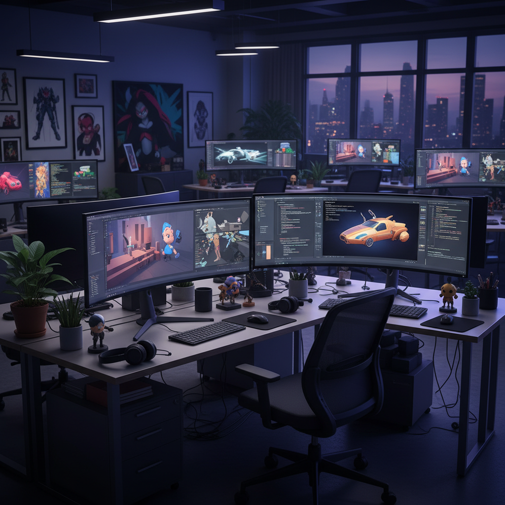 A professional game development studio with multiple wide monitors showing 3D game models and code, modern office interior, high contrast lighting, creative atmosphere, no text