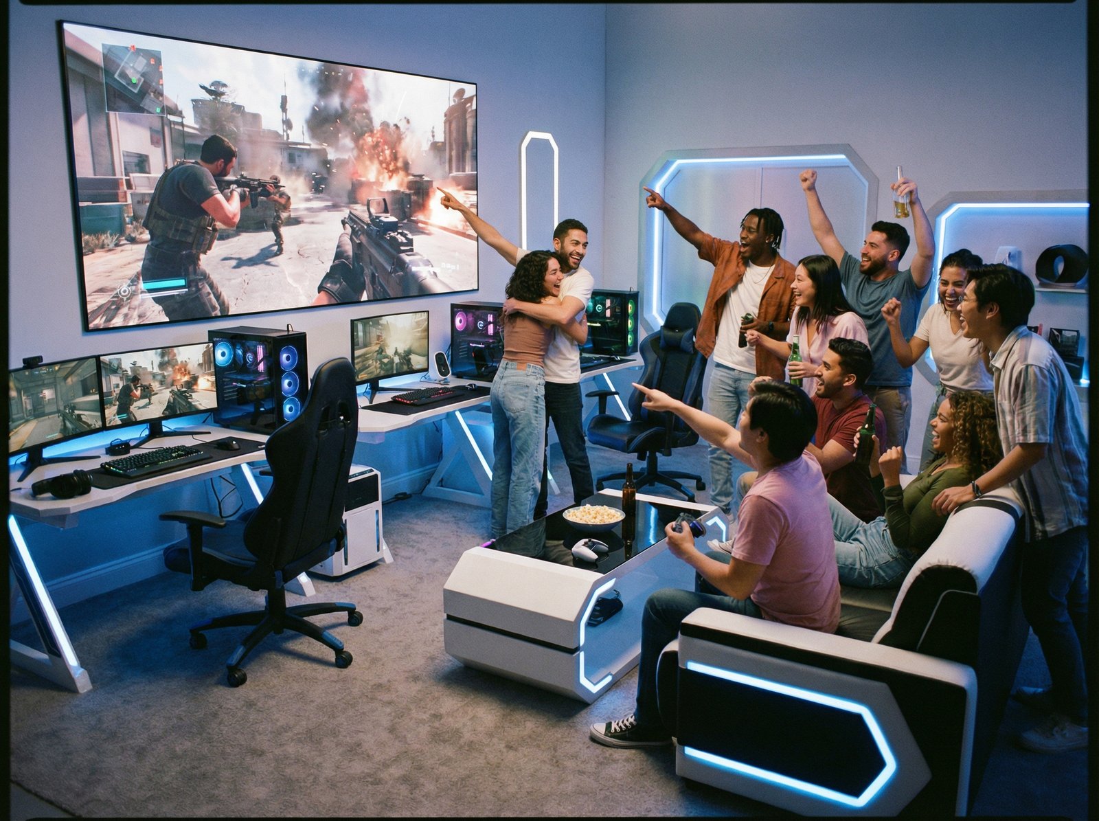 A group of diverse gamers in their 20s and 30s, enthusiastically celebrating new game releases on a large screen, with modern gaming setups in a vibrant, slightly futuristic living room. Aspect ratio 4:3, no visible text.