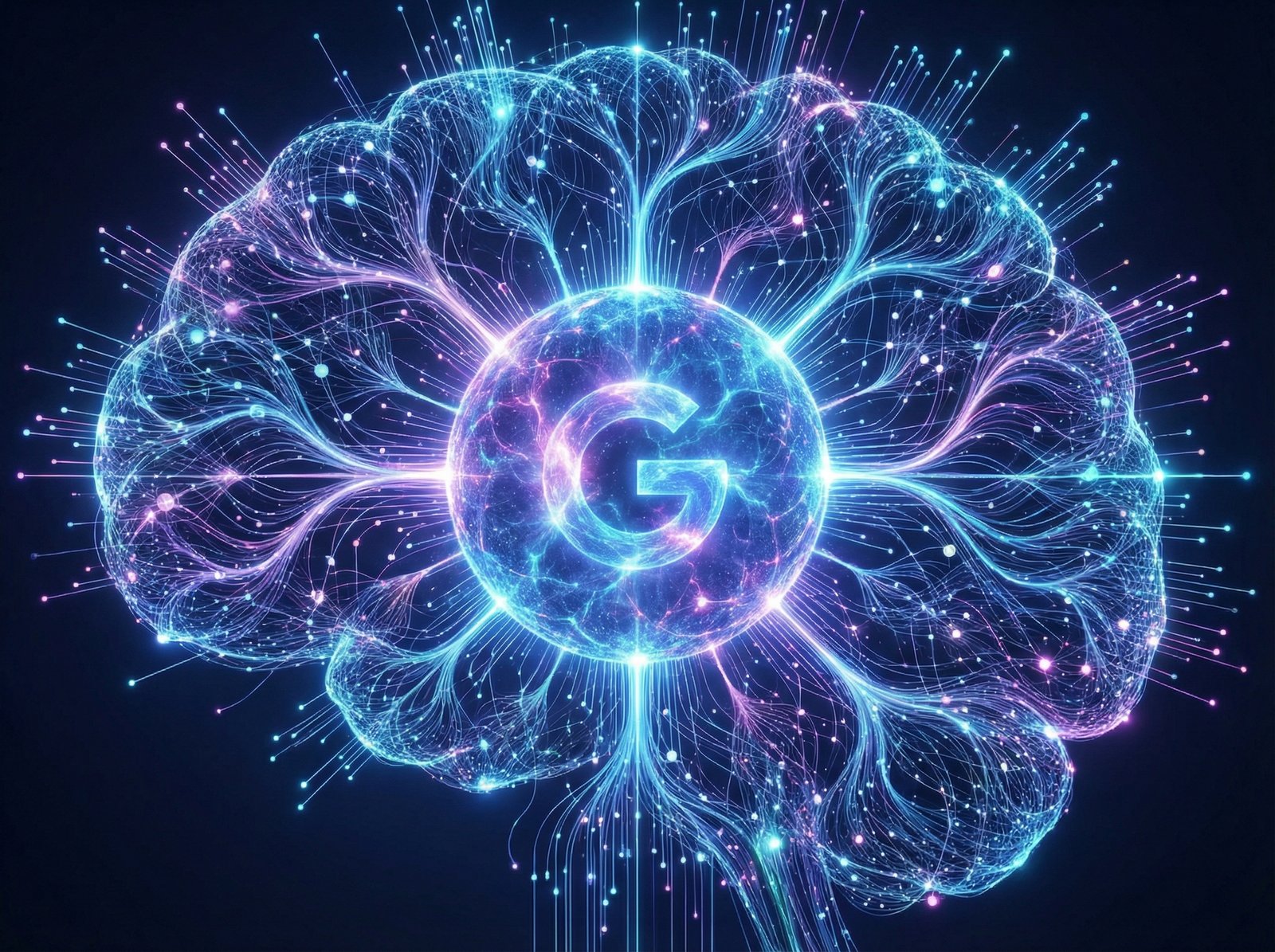 A stylized visual representation of Google's Gemini AI platform, showing glowing data streams and interconnected nodes radiating from a central point, symbolizing intelligence and growth. Futuristic, abstract, no visible text. Aspect ratio 4:3.