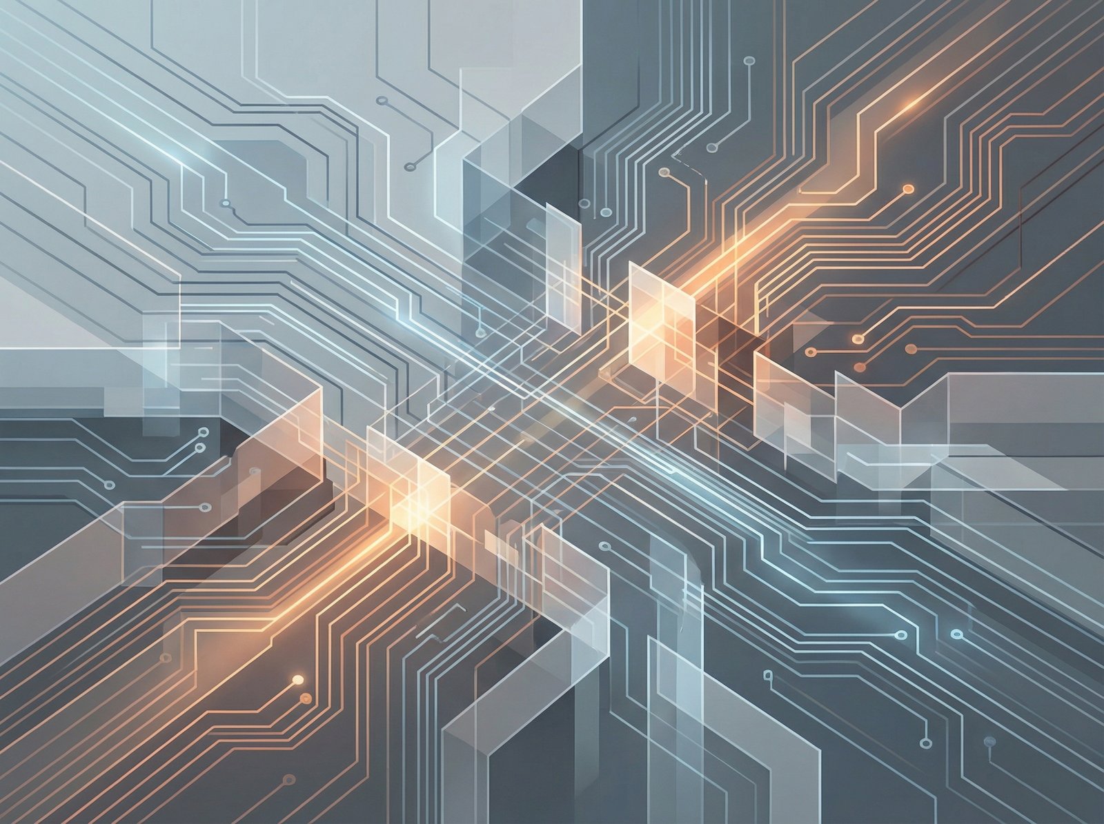 An abstract representation of global trade tensions, with a focus on technology and borders, using lines and subtle colors, clean infographic style, modern layout, no visible text, 4:3 aspect ratio.