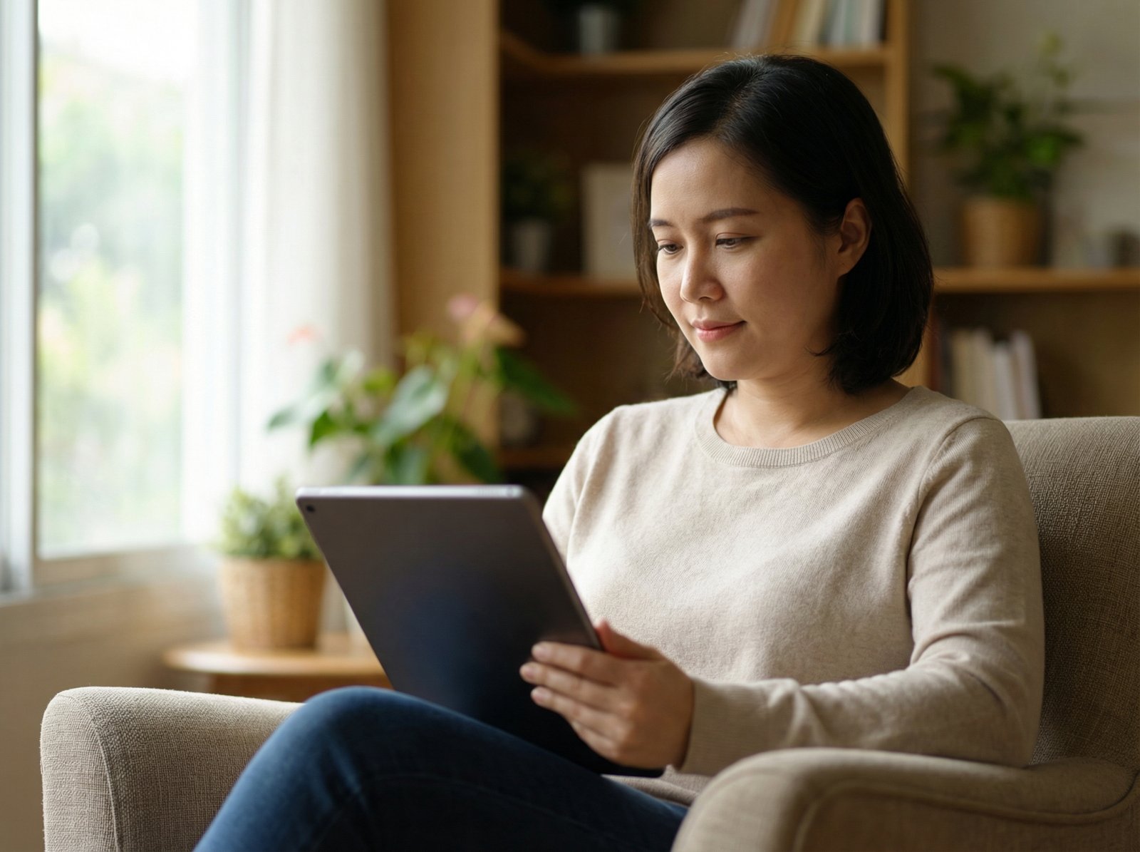 A thoughtful person looking at a message on a device, with an aura of calmness and no pressure to respond immediately. Informational style, soft focus background, natural lighting, no visible text, aspect ratio 4:3, no Korean text.