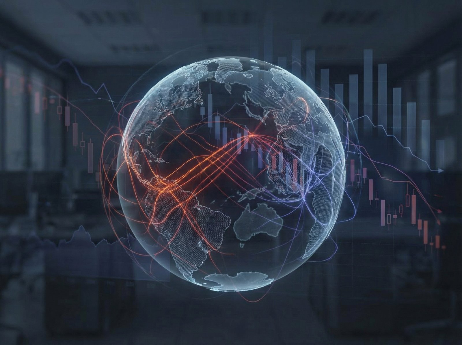 A globe with interconnected lines and subtle economic charts overlaid, showing the ripple effect of conflict on the global economy. Darker, somber tones. Aspect ratio 4:3, no visible text, clean infographic style.