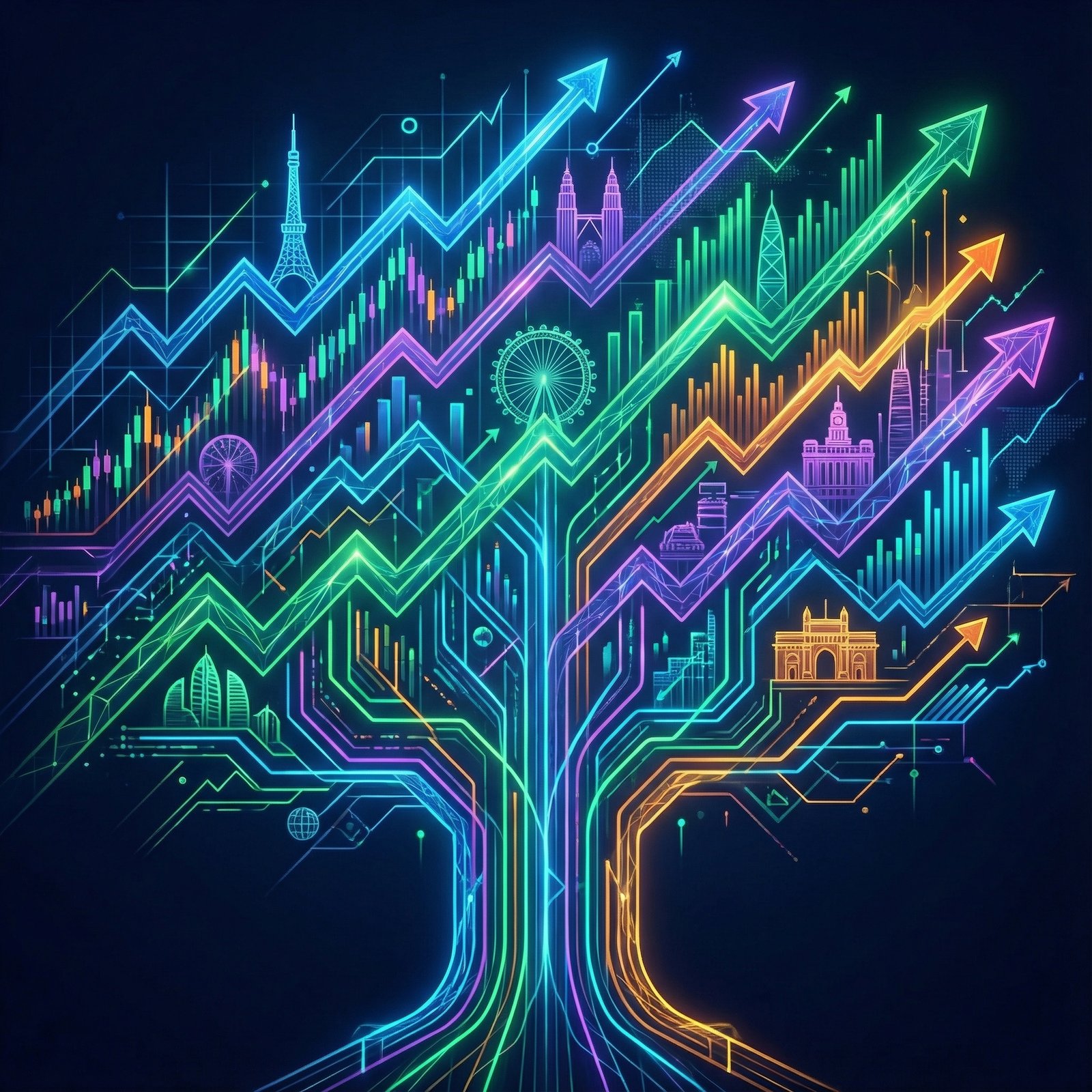 An intricate digital illustration showing various global market indexes in an upward trajectory, symbolizing growth outside the U.S. market. The color palette is vibrant and modern. 1:1 aspect ratio, no visible text.