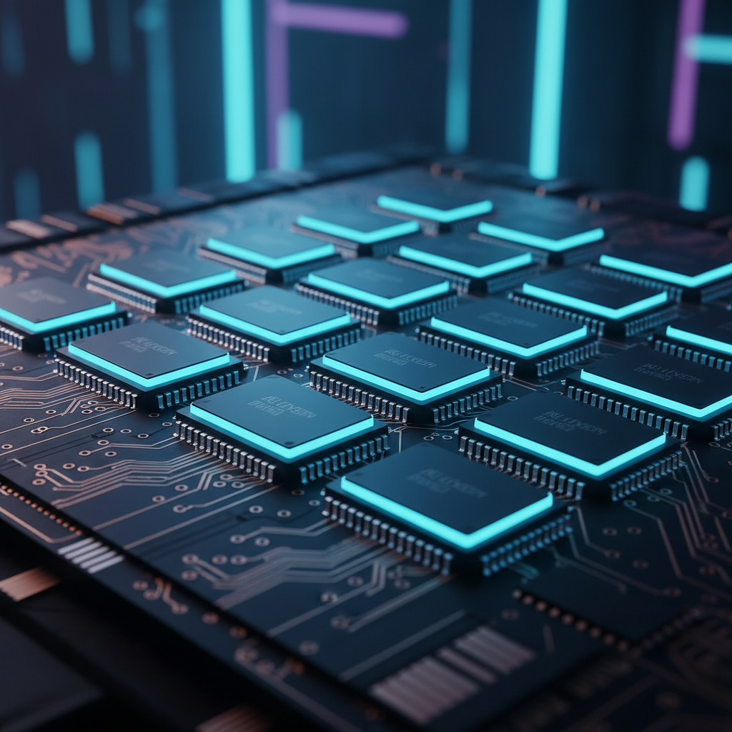 A close-up of high-performance AI memory chips glowing with blue light on a modern circuit board, cinematic lighting, vibrant tech colors, clean high-tech atmosphere, no text