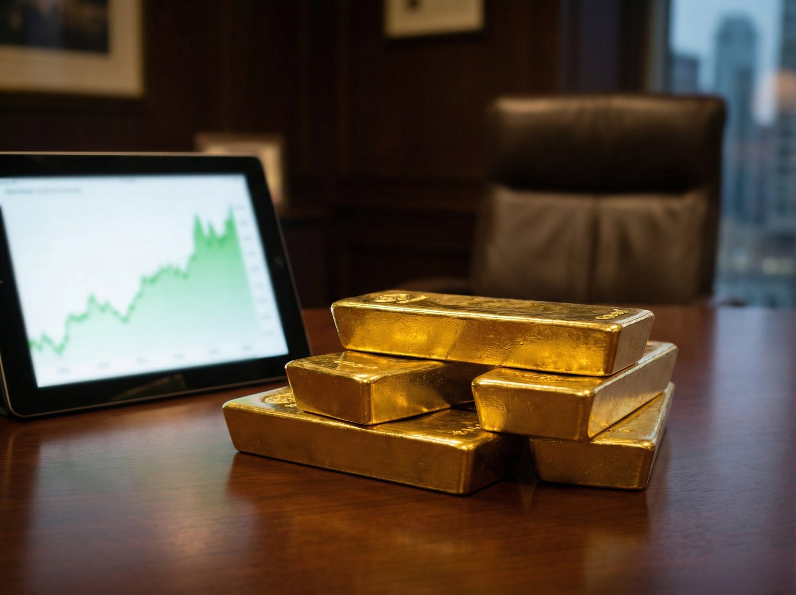 Close-up of shining gold bars stacked next to a digital stock chart showing an upward trend, indicating a strong performance in the investment market. The background is a sophisticated dark-toned financial office setting. 4:3 aspect ratio, no visible text.