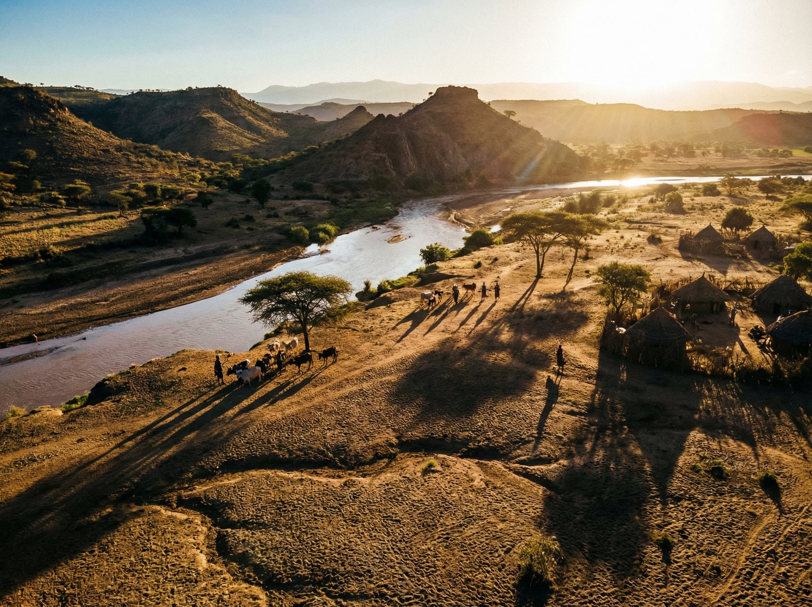 A panoramic view of the Lower Omo Valley in Ethiopia during a golden sunrise, with the sun casting long shadows over the winding river and rugged terrain, artistic rendering, high contrast, visually rich, 4:3, no text.