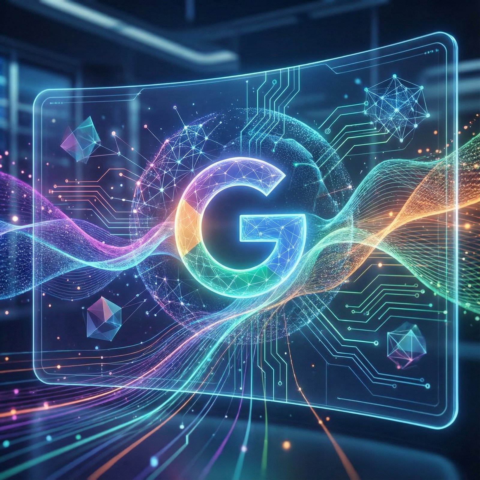 A sleek Google Gemini logo displayed on a digital screen, surrounded by abstract AI-related graphics and data streams. Modern, high-tech layout with a colored gradient background, 1:1, no visible text.