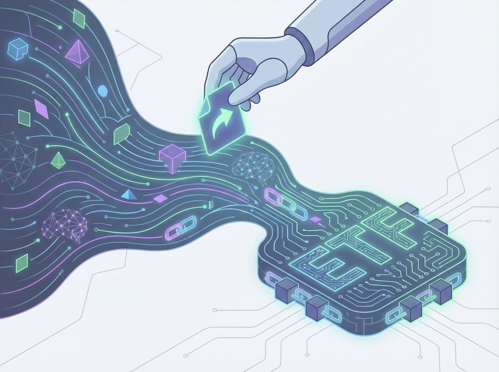 An abstract visual representation of data flowing into a stylized "ETF" icon, with a subtle integration of AI and blockchain elements. A hand is placing a document, symbolizing an application. aspect ratio 4:3, no visible text, clean infographic