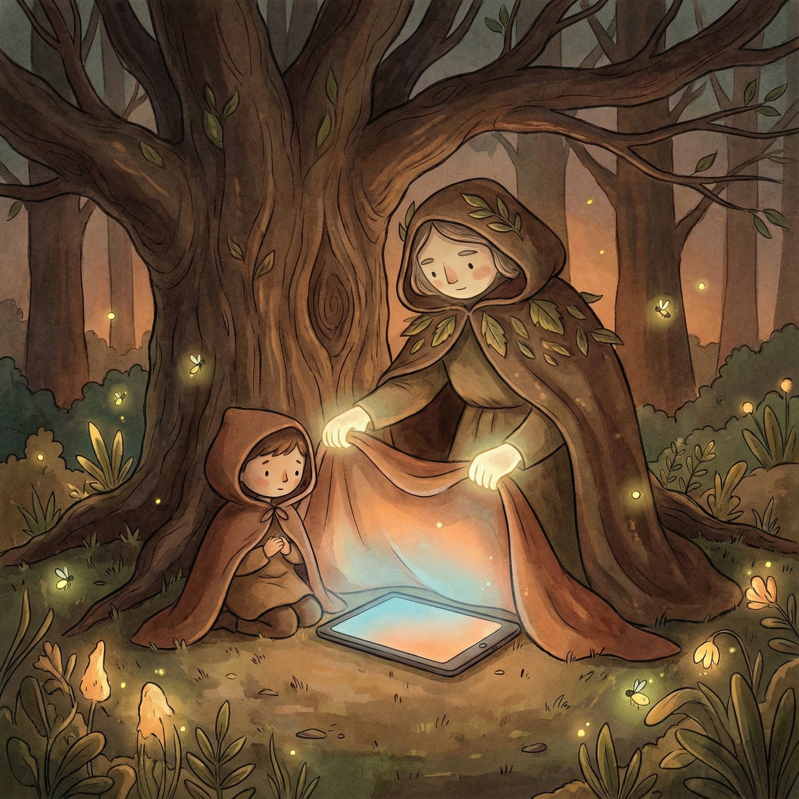 A stylized illustration of a guardian figure gently shielding a minor from a glowing digital screen, symbolizing protection from inappropriate content. Soft, warm lighting and a natural setting. 1:1 aspect ratio, no visible text, illustration.