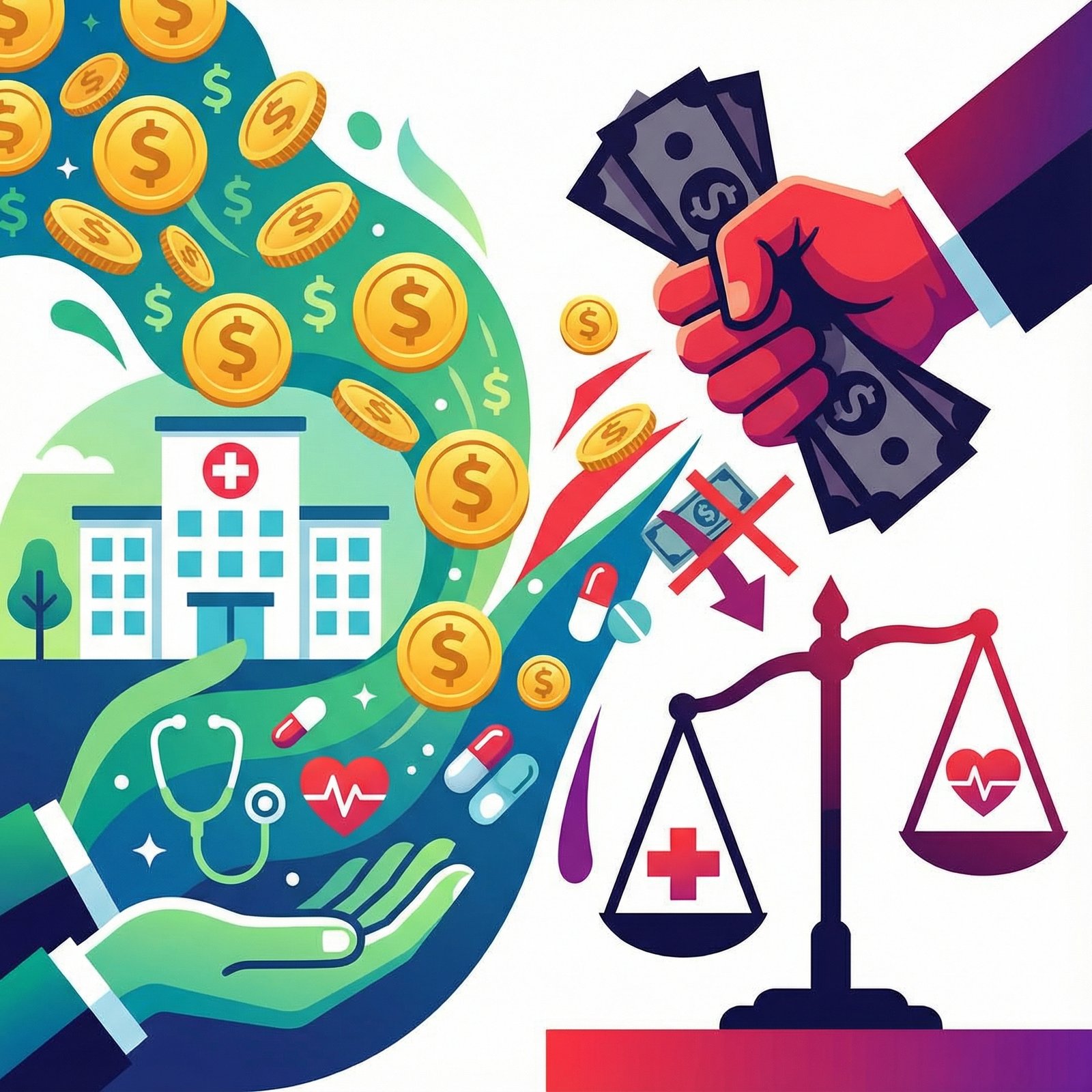 A vibrant infographic showing a debate over healthcare subsidies, with coins or money symbols interacting with medical icons. The design is clean and modern, with high contrast. Aspect ratio 1:1, no visible text.