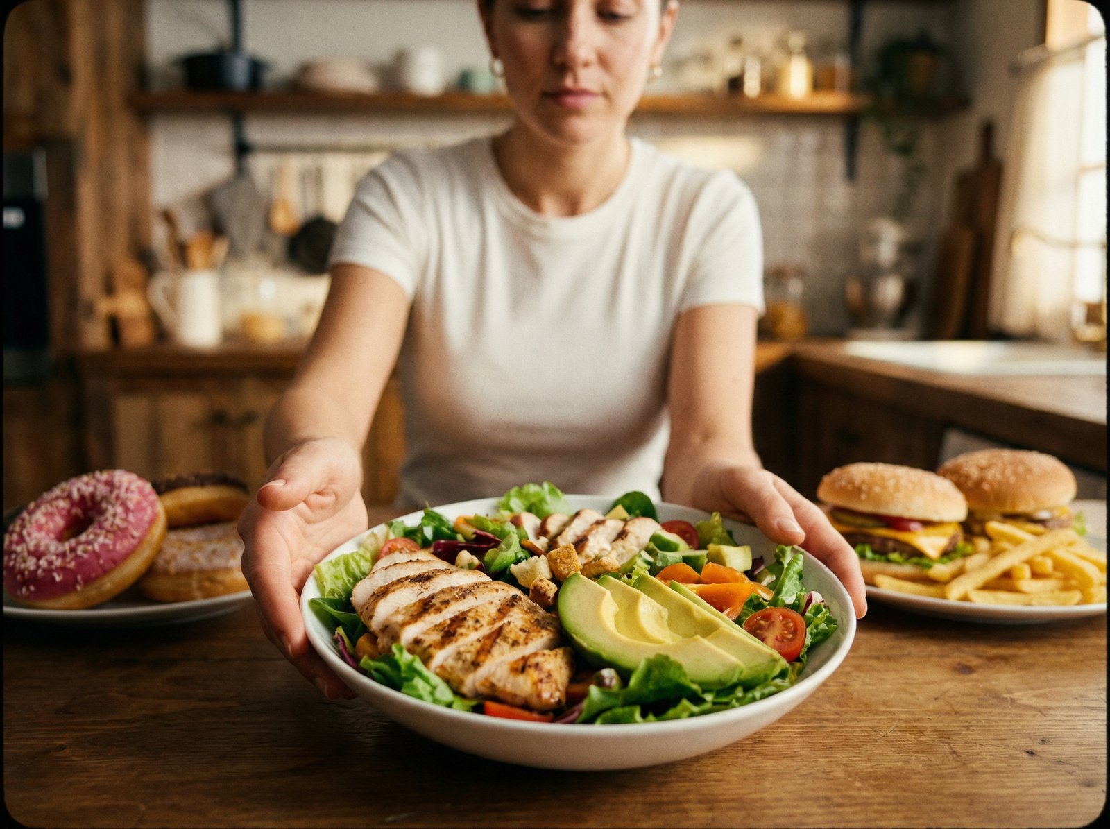 A conceptual image showing a person making a healthy food choice, with various tempting but unhealthy options blurred in the background. Emphasize rational decision-making and reduced cravings. Lifestyle photography, warm lighting. No visible text. 4:3 aspect ratio.