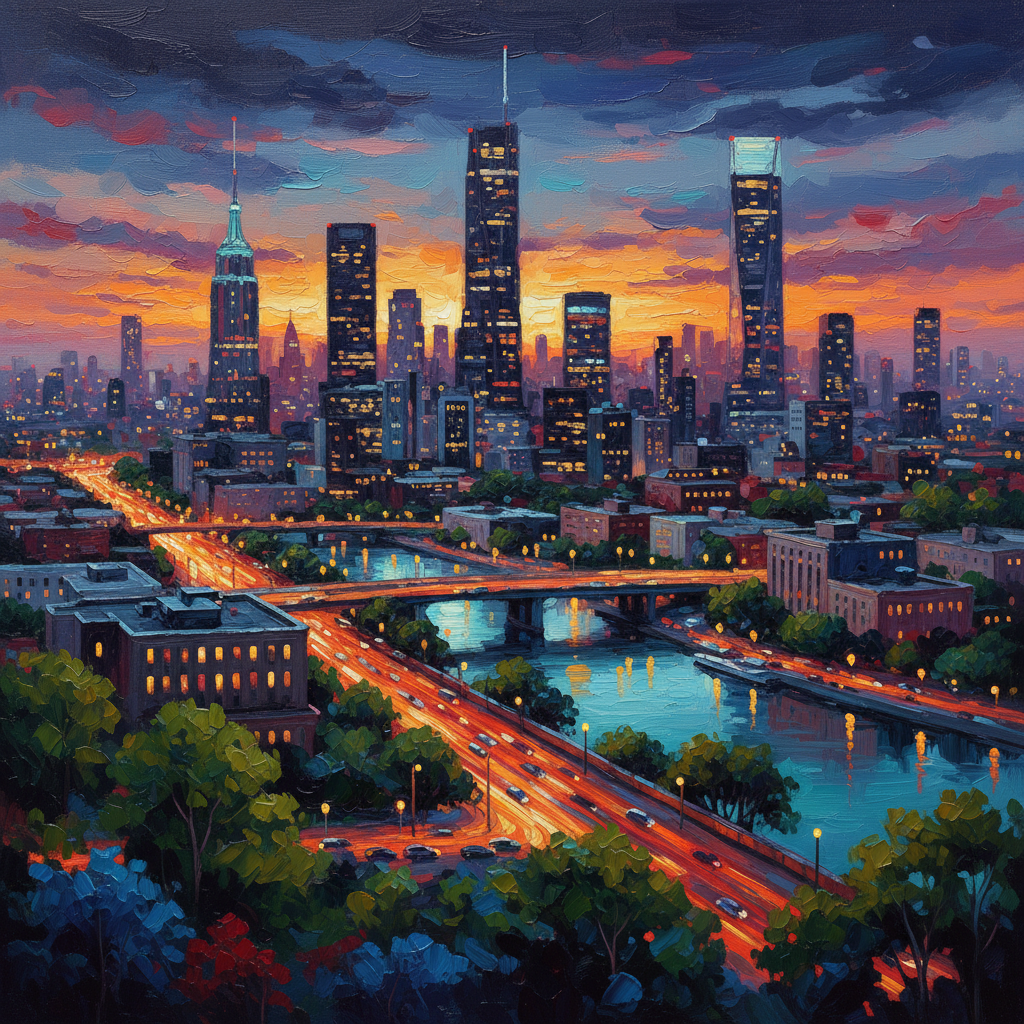 artistic rendering, rich colors, no text, urban landscape