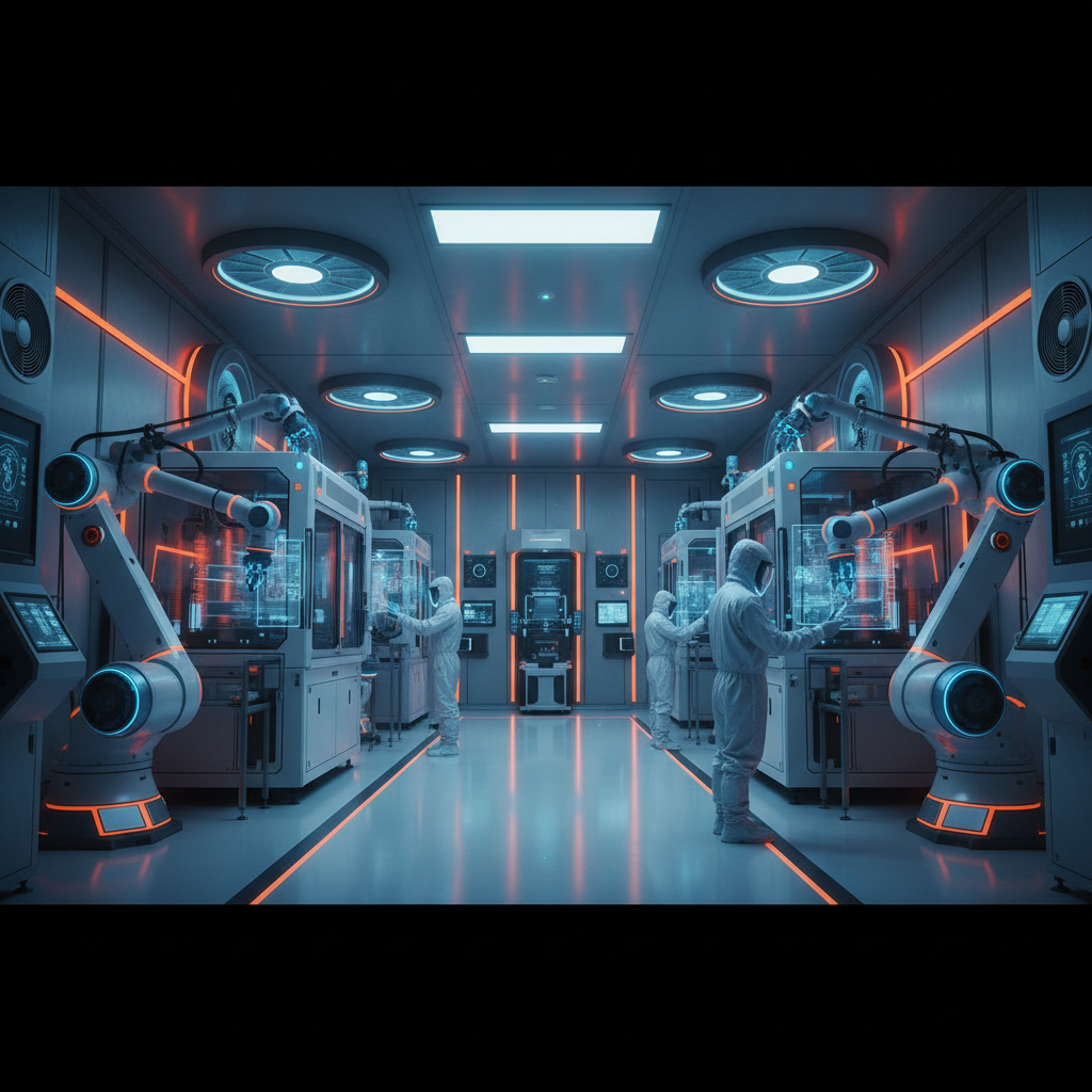 A futuristic semiconductor clean room with robotic arms and advanced machinery, high contrast, professional photography style, vibrant colors, no text