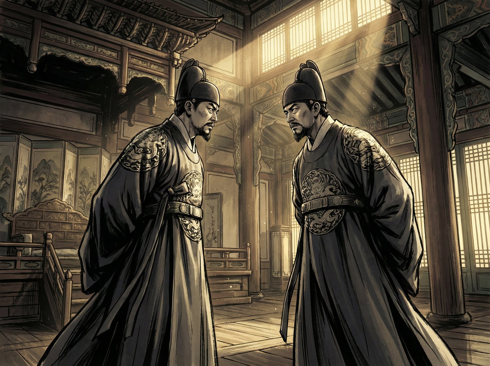 A tense scene in a traditional Korean royal hall with two men in official Goryeo robes facing each other, dramatic lighting, high contrast, cinematic illustration, 4:3