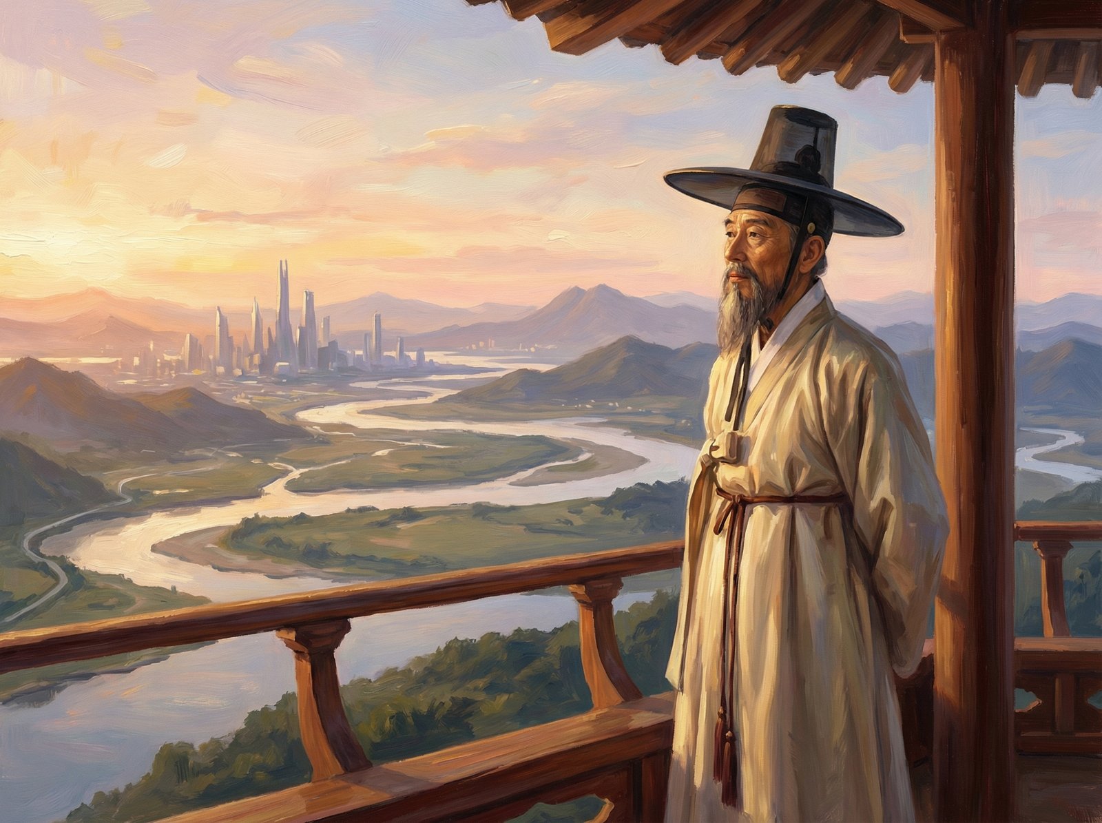 A portrait-style illustration of a noble Korean scholar looking at a distant landscape, symbolic of looking into the future, soft sunset lighting, painterly style, 4:3