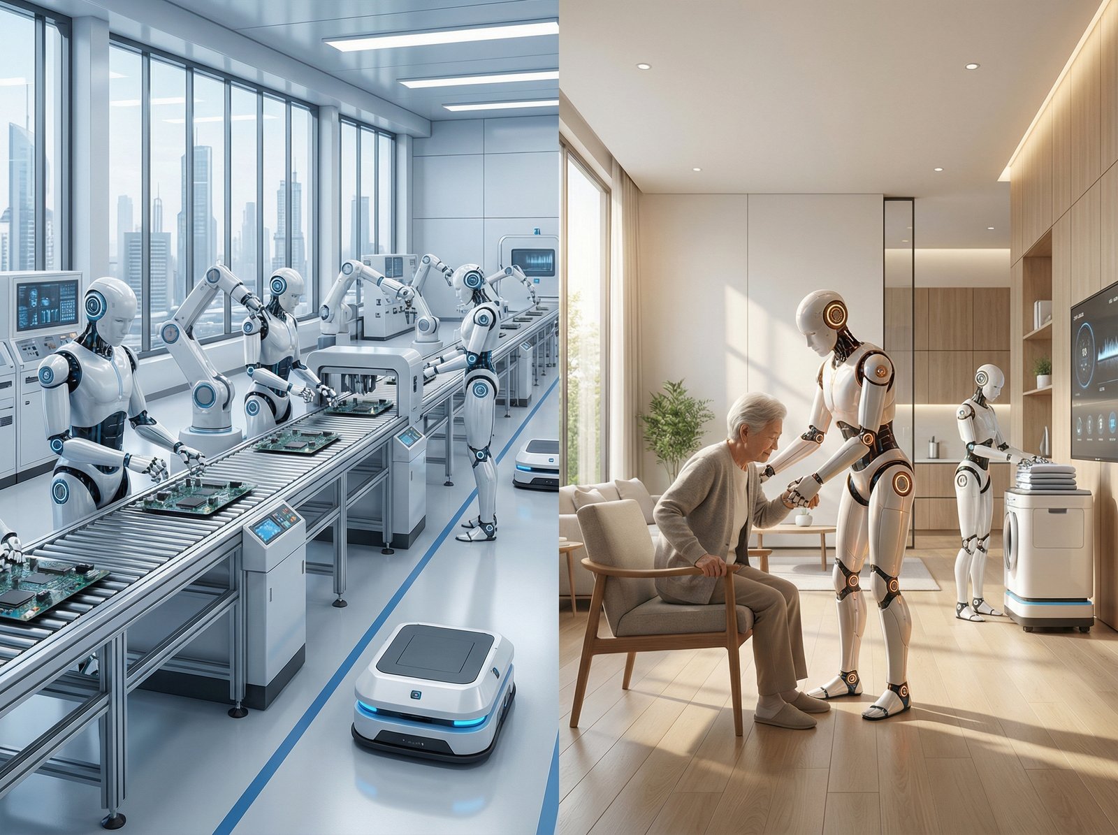 A split image showing two scenes: on one side, humanoid robots efficiently working in a modern Chinese factory, assembling products with precision. On the other side, a humanoid robot is helping out in a smart home, perhaps assisting an elderly person or performing a chore. The style is clean and futuristic, no visible text. Aspect ratio 4:3.