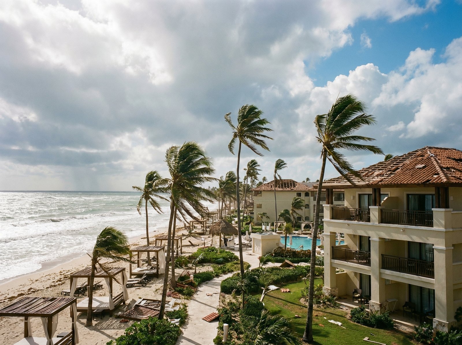 A detailed, realistic image showing a tropical resort hotel with some minor damage from a recent hurricane, but still standing. Palm trees are swaying, and the sky is clearing after a storm, suggesting resilience. The lighting is natural and bright. Aspect ratio 4:3, no visible text.