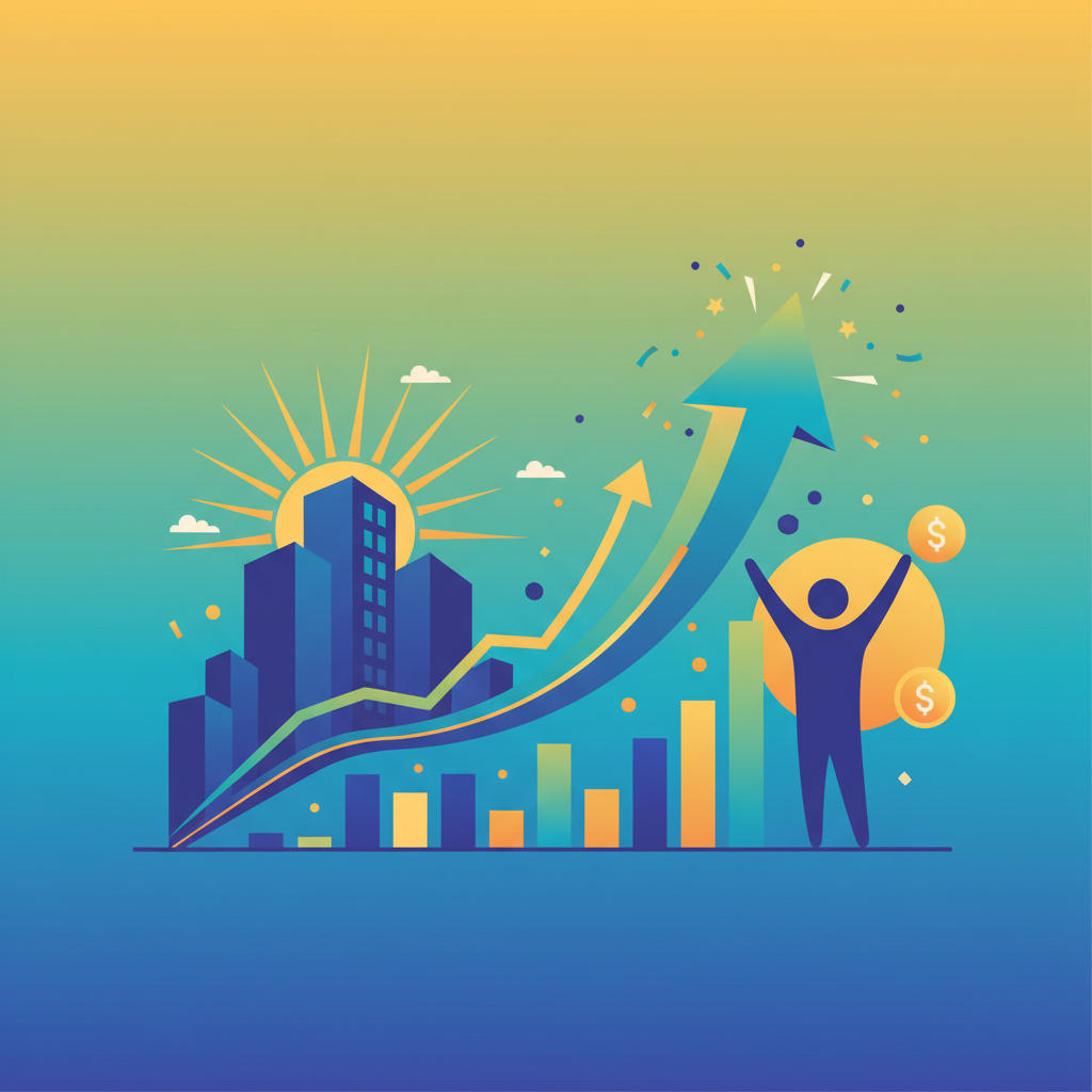 A vibrant illustration of a company's initial public offering success, with a growth chart and celebratory elements, clean infographic style, modern layout, high contrast, balanced lighting, gradient background, no text, 4:3 aspect ratio