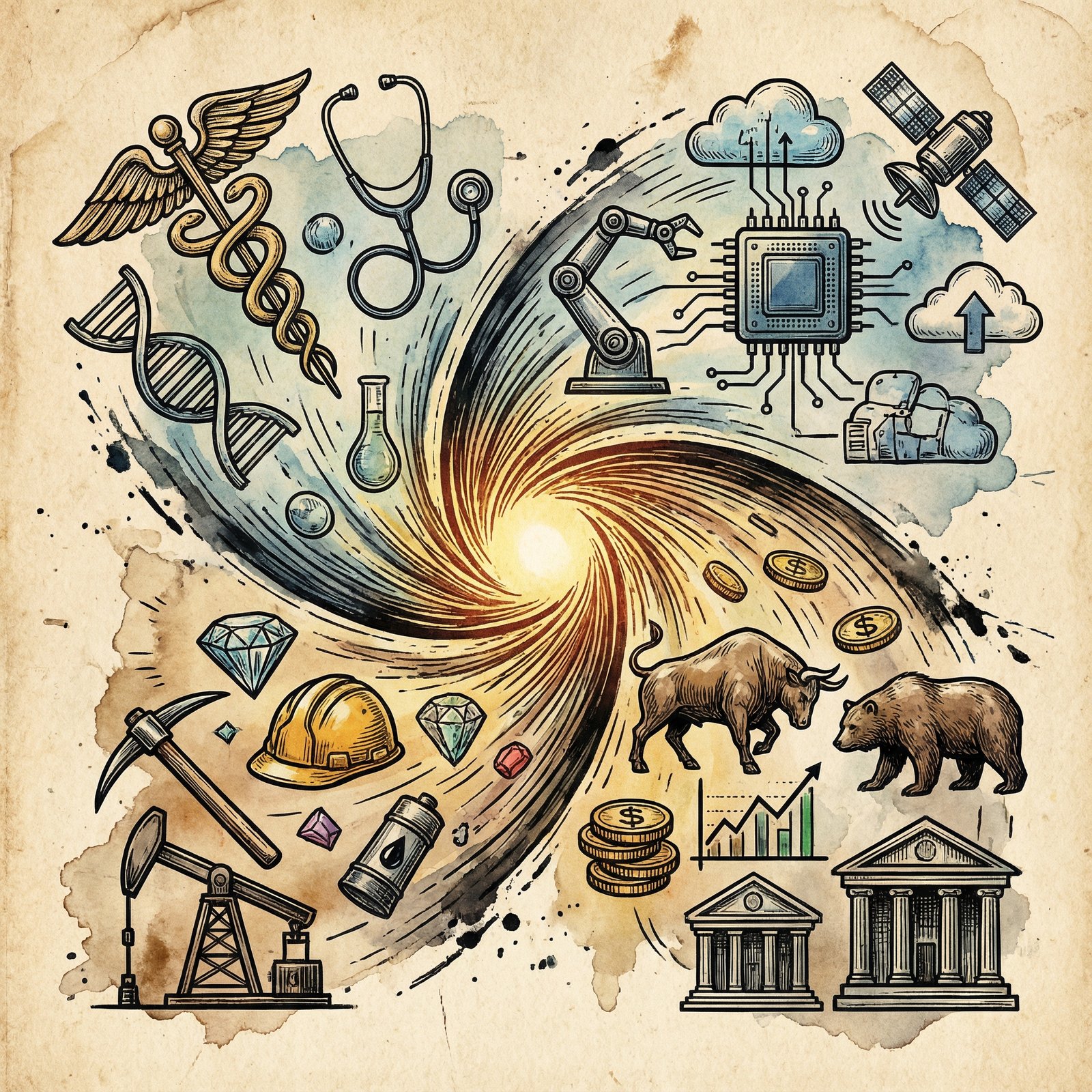 A visually rich composition of icons representing different stock market sectors like healthcare, technology, finance, and mining, converging towards a central point. Illustration, artistic rendering, textured background. 1:1 aspect ratio, no visible text.