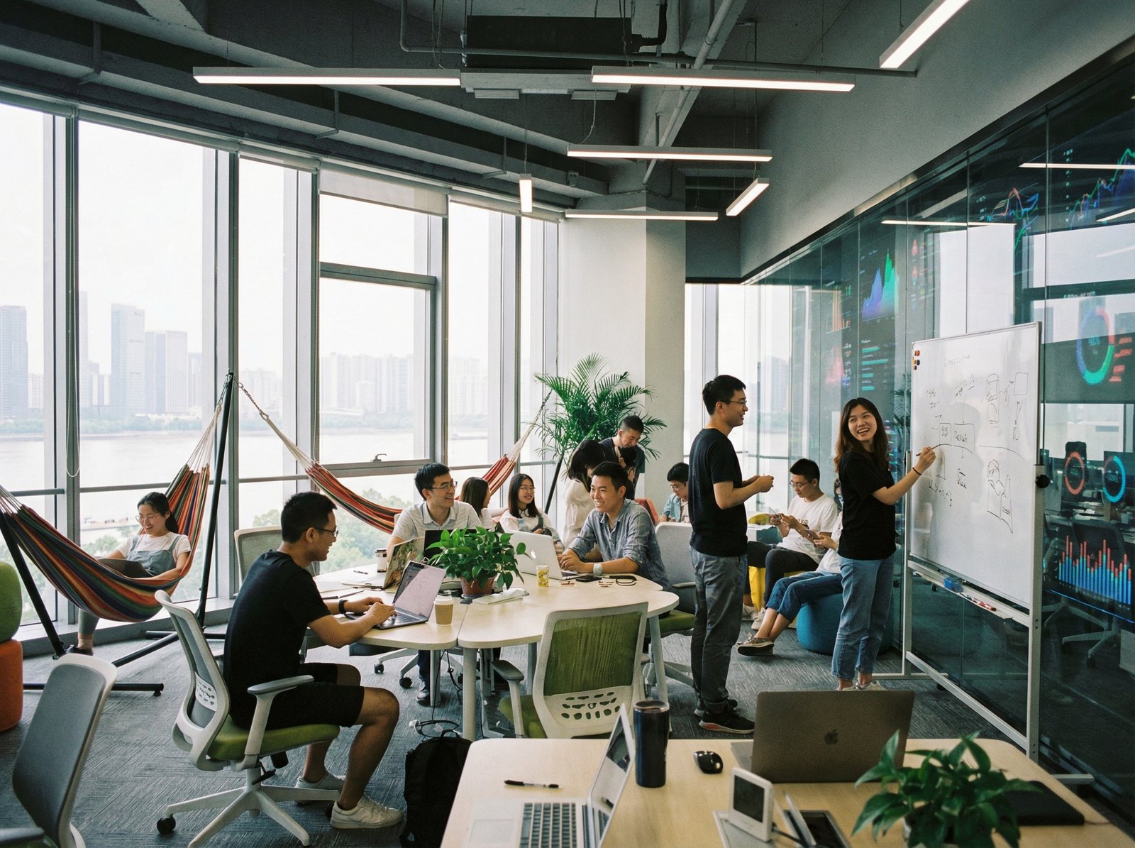 A vibrant and creative open-plan office of a tech startup in Hangzhou, diverse young professionals collaborating, glass walls with digital projections, ergonomic furniture, warm natural lighting from large windows, 4:3 aspect ratio, no text