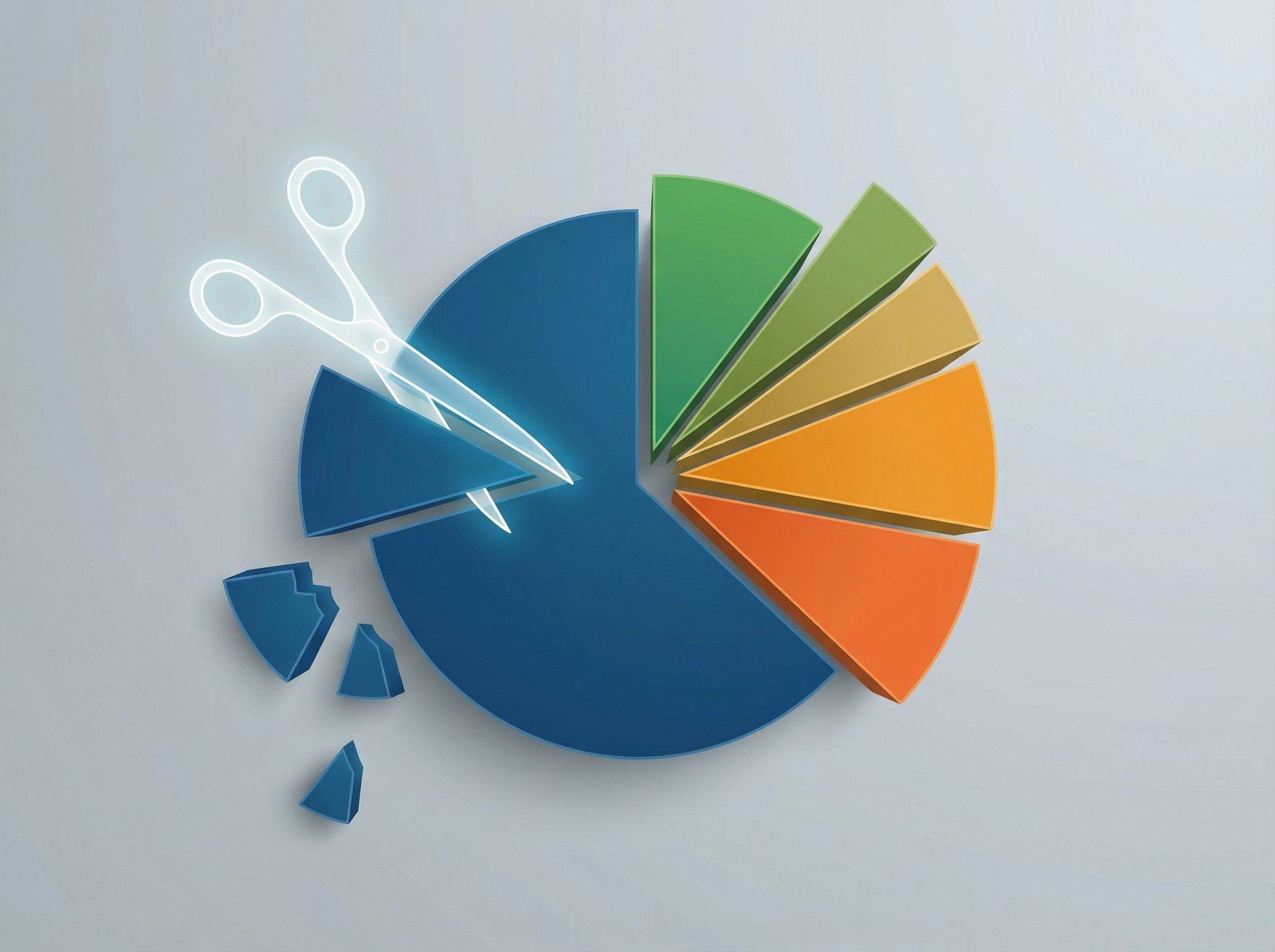 A clean infographic showing a pie chart representing an investment portfolio, with one large slice being trimmed down and smaller slices being added or expanded. The background is a soft, professional gray, no visible text, 4:3 aspect ratio.