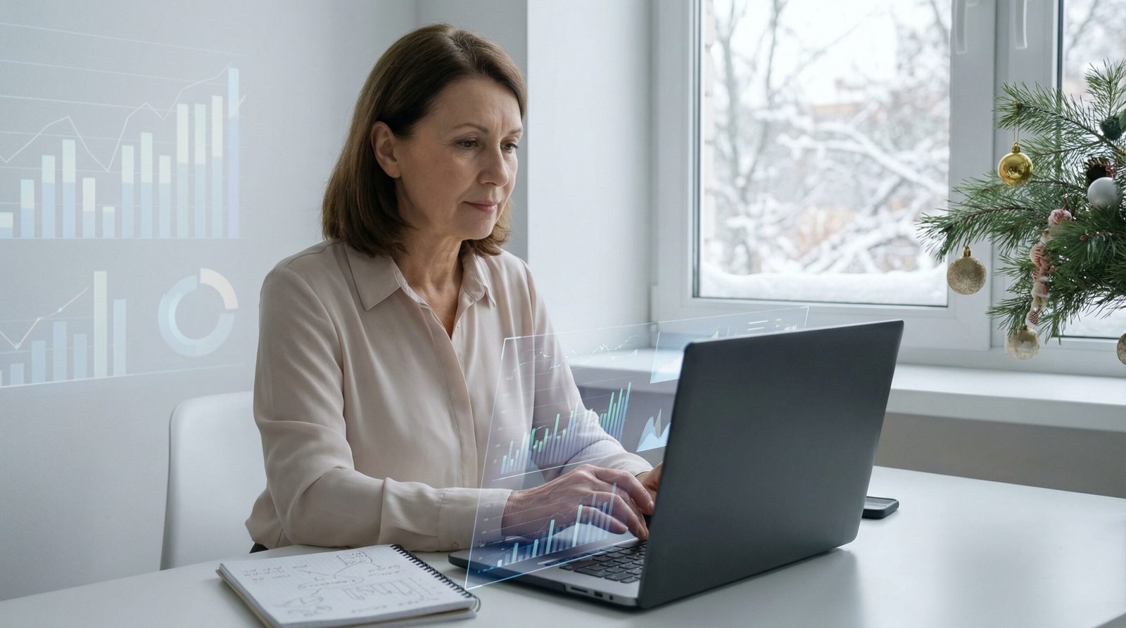 An investor contemplating financial decisions at year end, looking at a laptop with a calm and focused expression, surrounded by subtle market data elements, informational style, 16:9 aspect ratio, no visible text