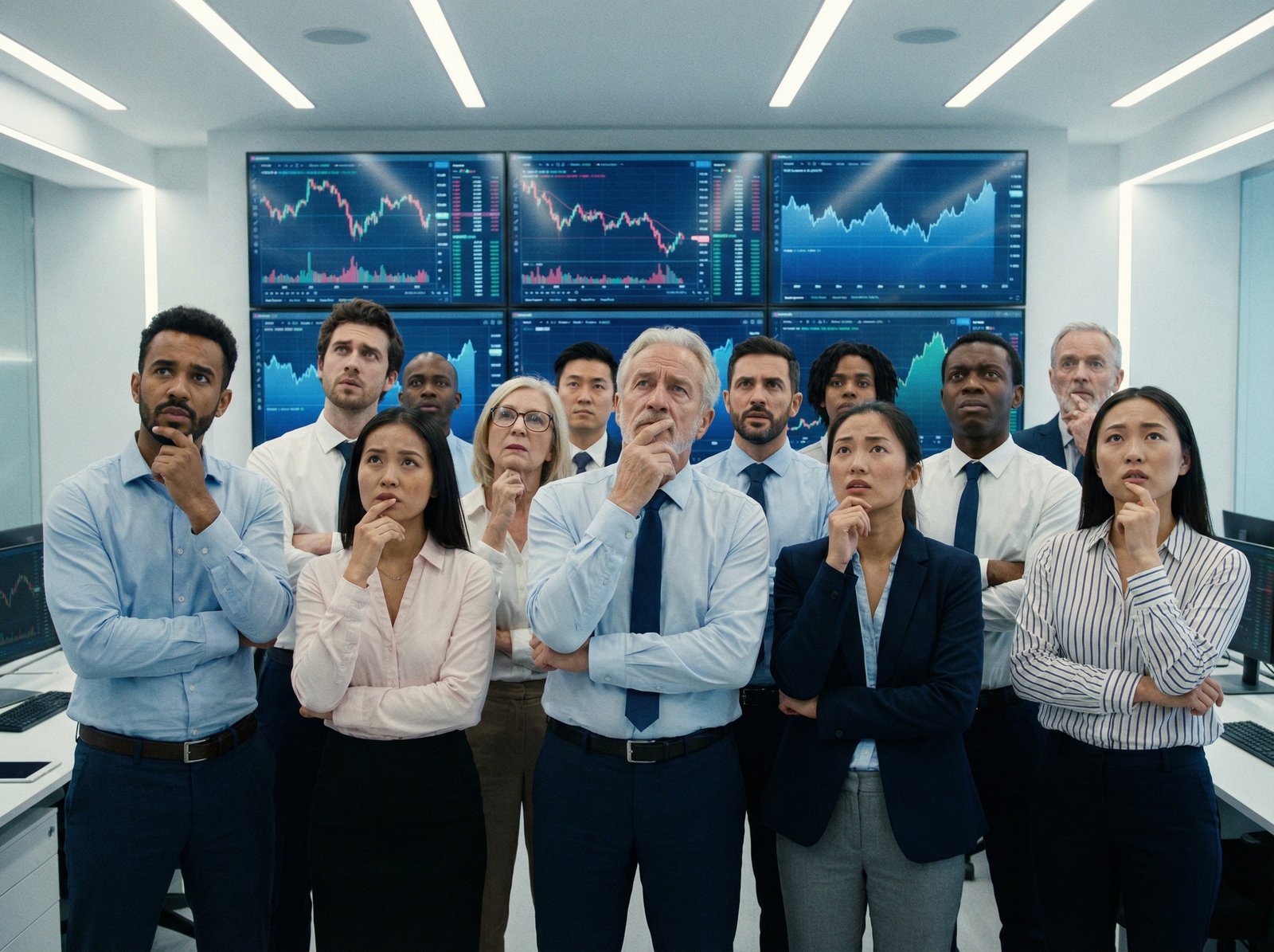 A diverse group of people looking at multiple digital stock charts and graphs on screens, with expressions of concern and uncertainty. The lighting is bright but the mood is cautious. Aspect ratio 4:3, no visible text.