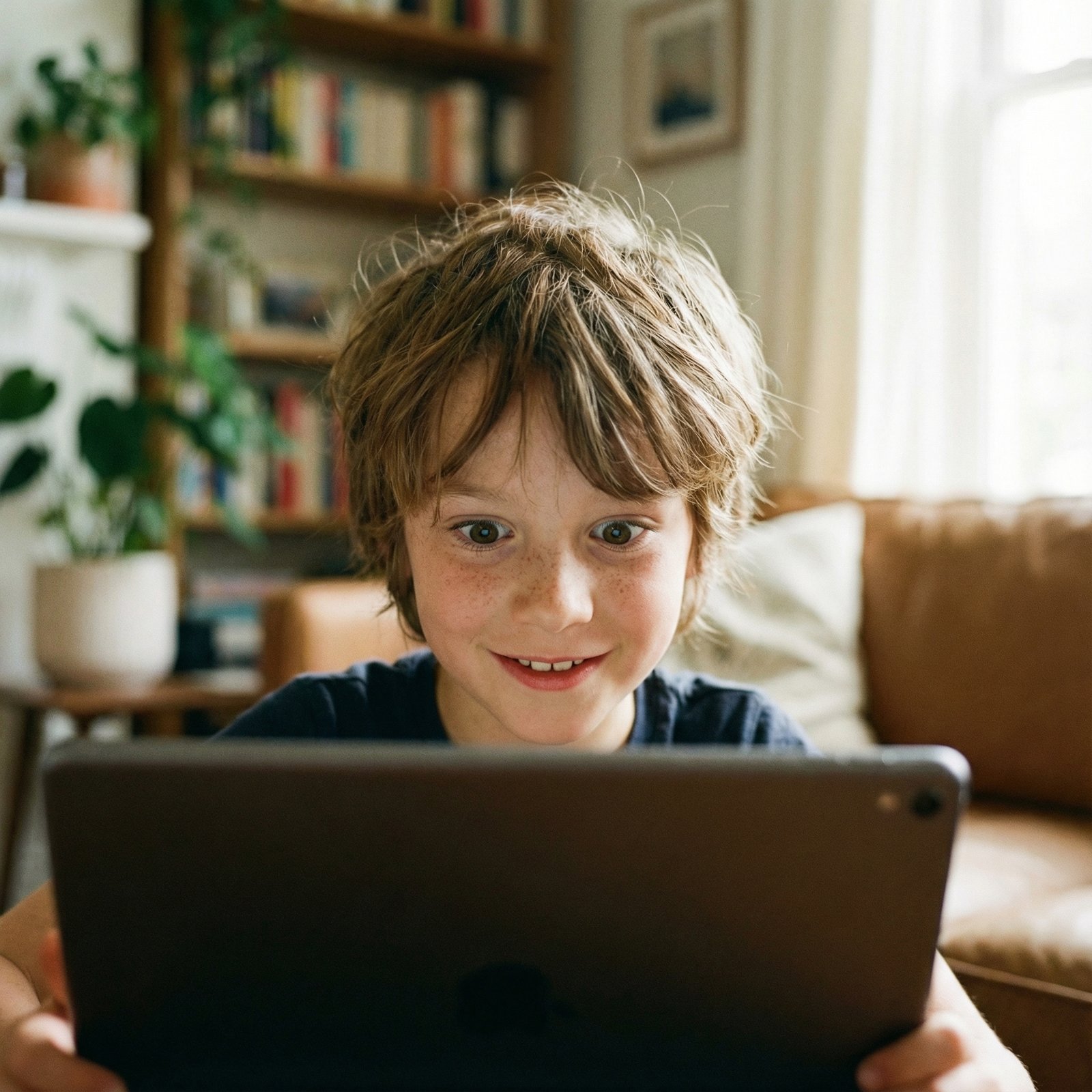 A close-up shot of a young child, around 8-10 years old, intently looking at a tablet screen. The child's face shows engagement and curiosity. The background is softly blurred to indicate a home or safe environment. The style is lifestyle photography with warm lighting, aspect ratio 1:1, no visible text.