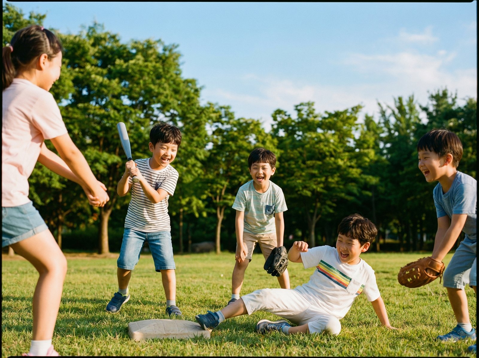 Group of diverse Korean children happily playing baseball in a sunny park, with green trees and blue sky in the background. Lifestyle photography, warm lighting, natural setting, no visible text, aspect ratio 4:3
