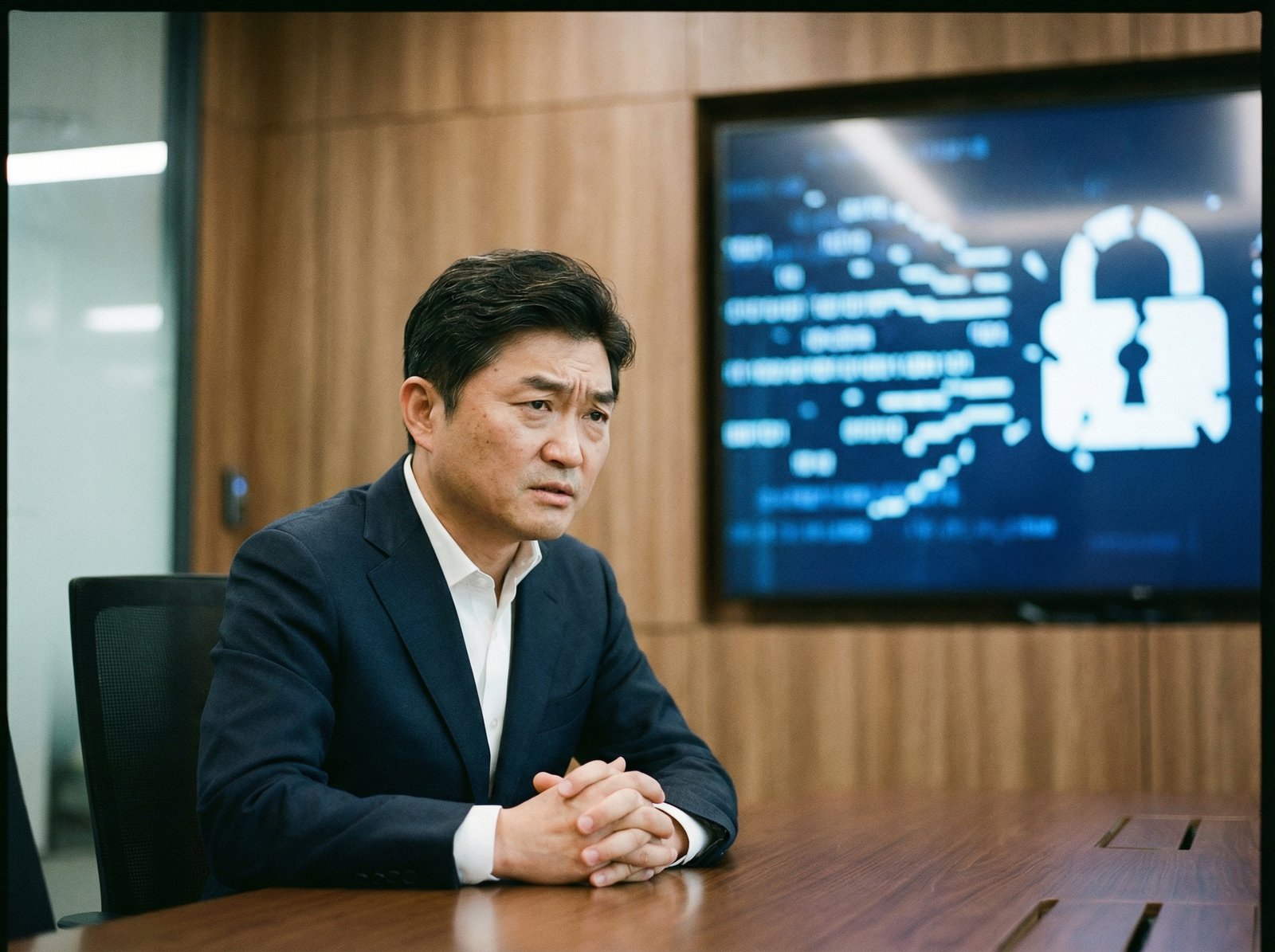 Coupang founder Kim Bom in a professional setting, looking serious and apologetic, with a subtle digital data leak graphic in the background. aspect ratio 4:3, no visible text