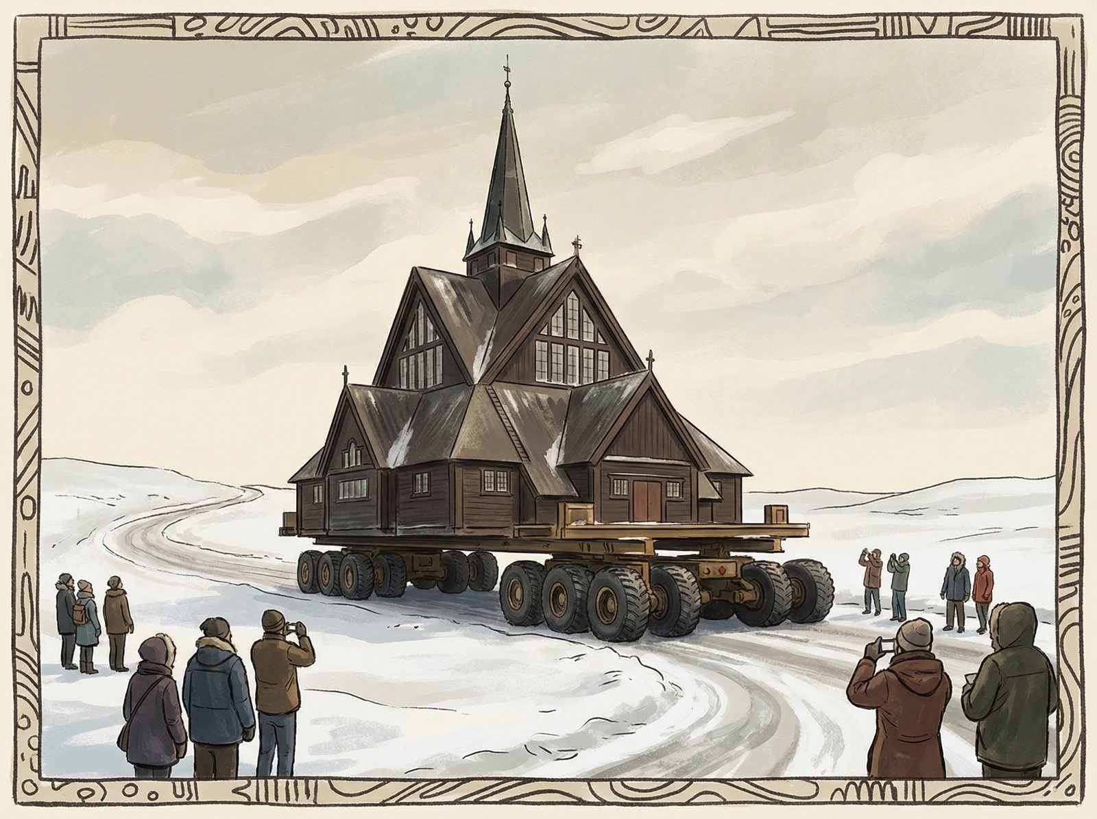 The iconic Kiruna Church, a 113-year-old timber building, being transported on specialized trailers across a snowy landscape in Kiruna, Sweden, with spectators watching. Informational style, artistic rendering, 4:3 aspect ratio, no visible text.