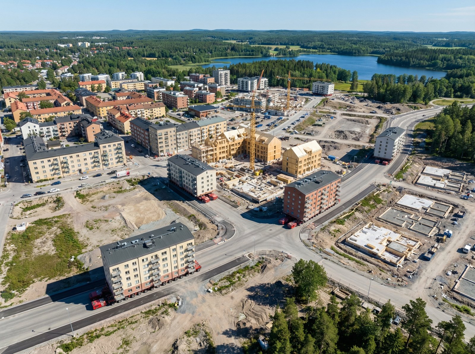 An aerial view of a modern Swedish city being relocated, showing buildings on trailers and new construction, under a clear sky. Informational style, 4:3 aspect ratio, no visible text.