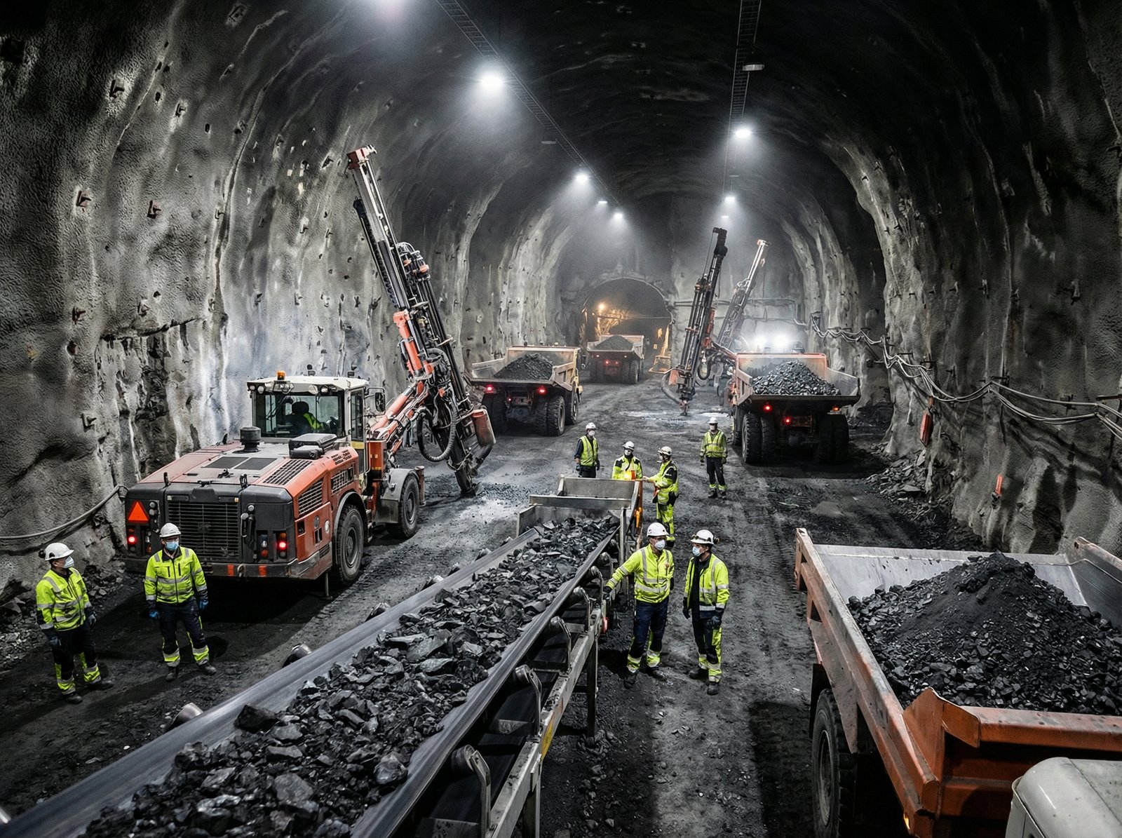 A vast underground mine tunnel in Kiruna, Sweden, with modern mining equipment and workers in protective gear, highlighting the extraction of iron ore and rare earth elements. Informational style, high contrast, 4:3 aspect ratio, no visible text.